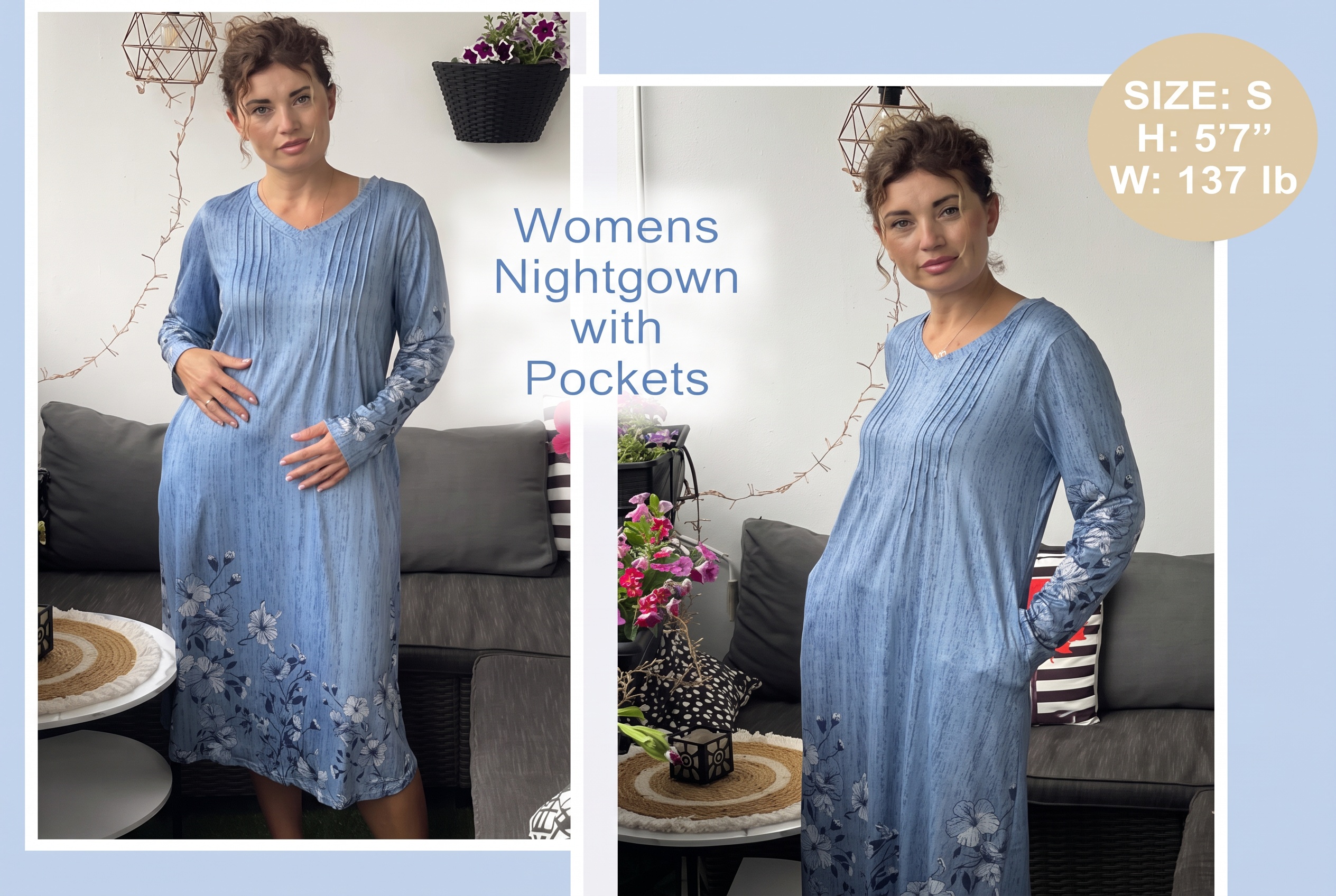 thumbnail video image 2 of KISSGAL Women Nightgowns Long Sleeve Sleepshirts Pleated Long Nightdress V Neck Curved Hem Night Gown Sleepwear with Pockets, 2 of 7