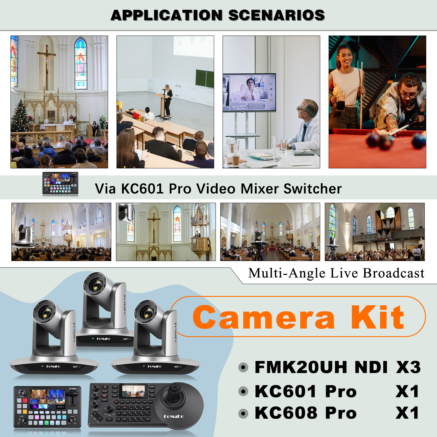 thumbnail video image 2 of FoMaKo NDI Camera AI Auto Tracking HDMI PTZ Camera 20x Optical Zoom(3pcs) +KC601 Pro Video Mixer Switcher+ KC608 Pro PTZ Controller (FMK20UH NDI x3 + KC601+KC608)BN540, 2 of 15