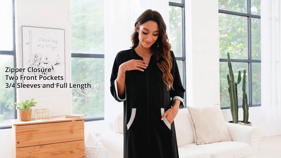 thumbnail video image 2 of Avidlove Women Zipper Front Robes 3/4 Sleeve Housecoat Full Length Loungewear Dress with Pocket Long Nightgown Sleepwear Bathrobes, 2 of 8