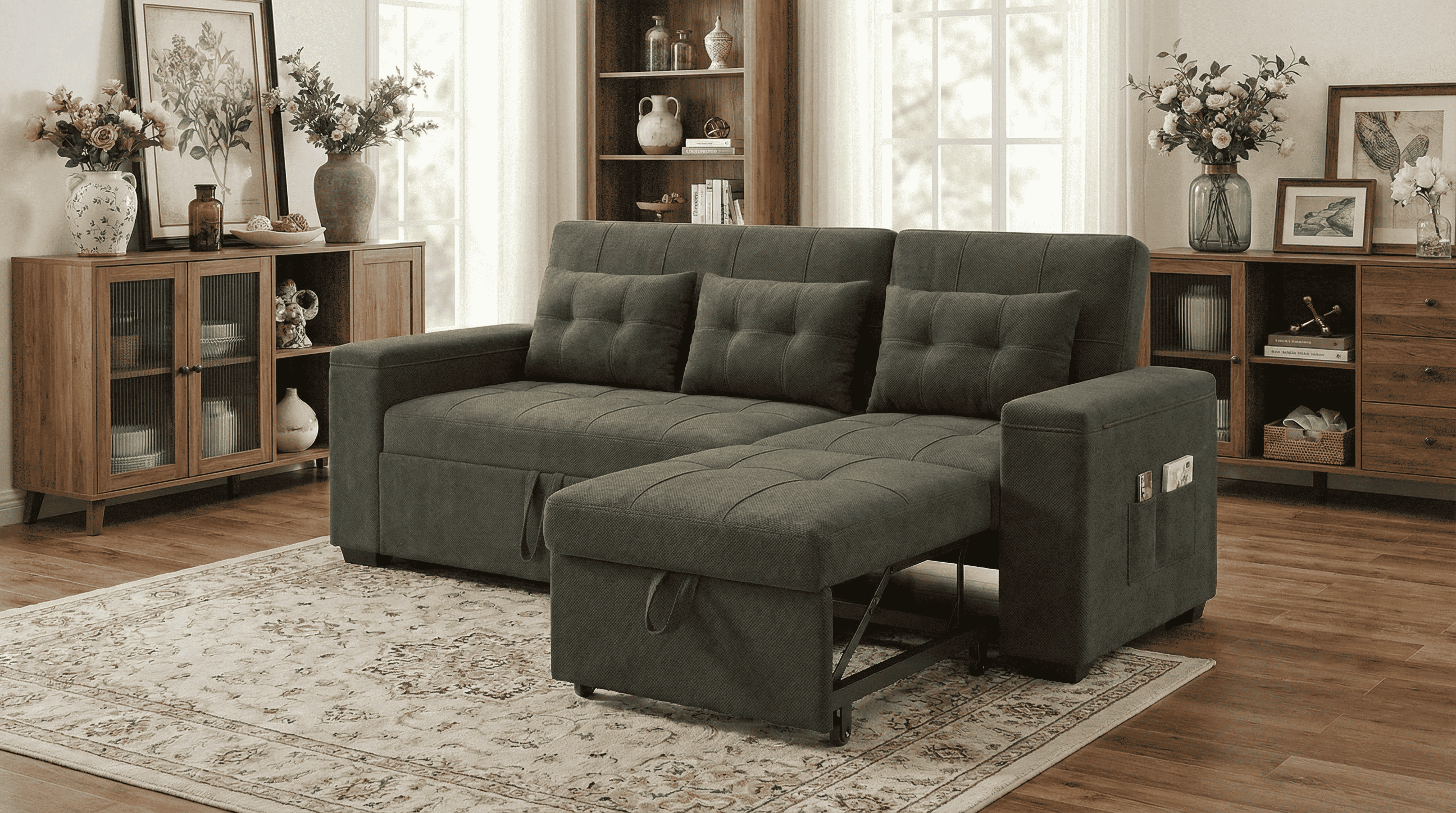 thumbnail video image 2 of Noelse 87" Convertible Sofa Bed, Queen Size Sleeper with Pull Out Couch, 3 in 1 Sectional Sleeper Sofa with Side Pockets, Storage Armrest, Adjustable Backrest for Living Room, Dark Grey, 2 of 11