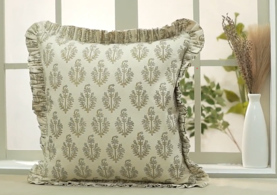 thumbnail video image 2 of FABDIVINE- Block print floral sofa pillow cover, boho decorative cushion, frill cushion cover, indoor room pillow cover - NEELGAGAN, 14"X36", 2 of 7