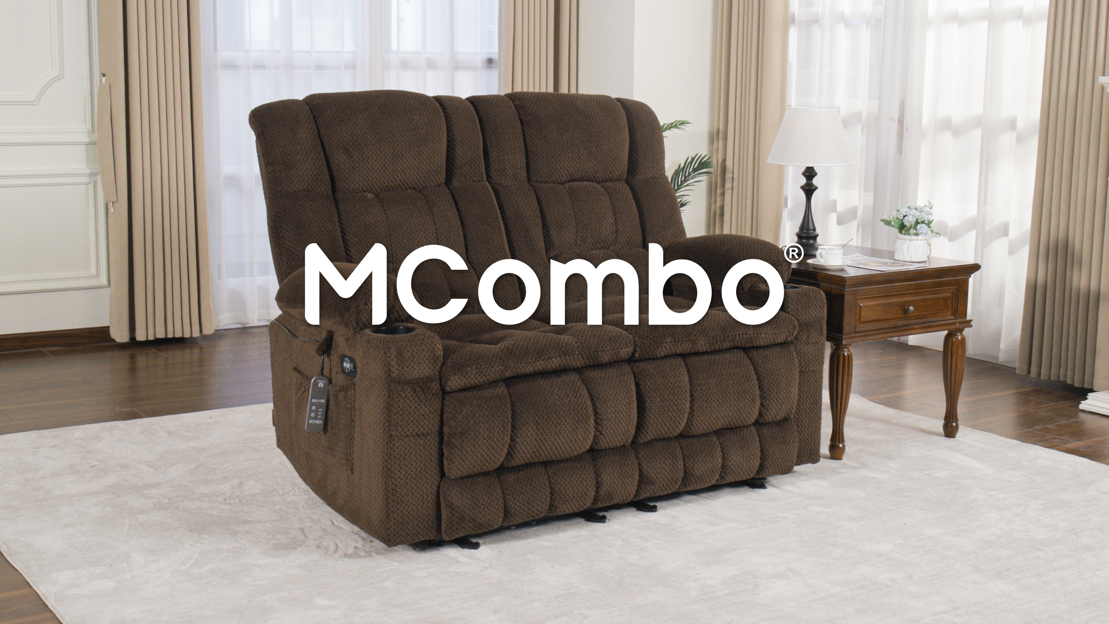 thumbnail video image 2 of MCombo 57" Power Loveseat Recliner Sofa, Reclining Seating with Heat Vibration for Living Room, Fabric, Brown, 2 of 9