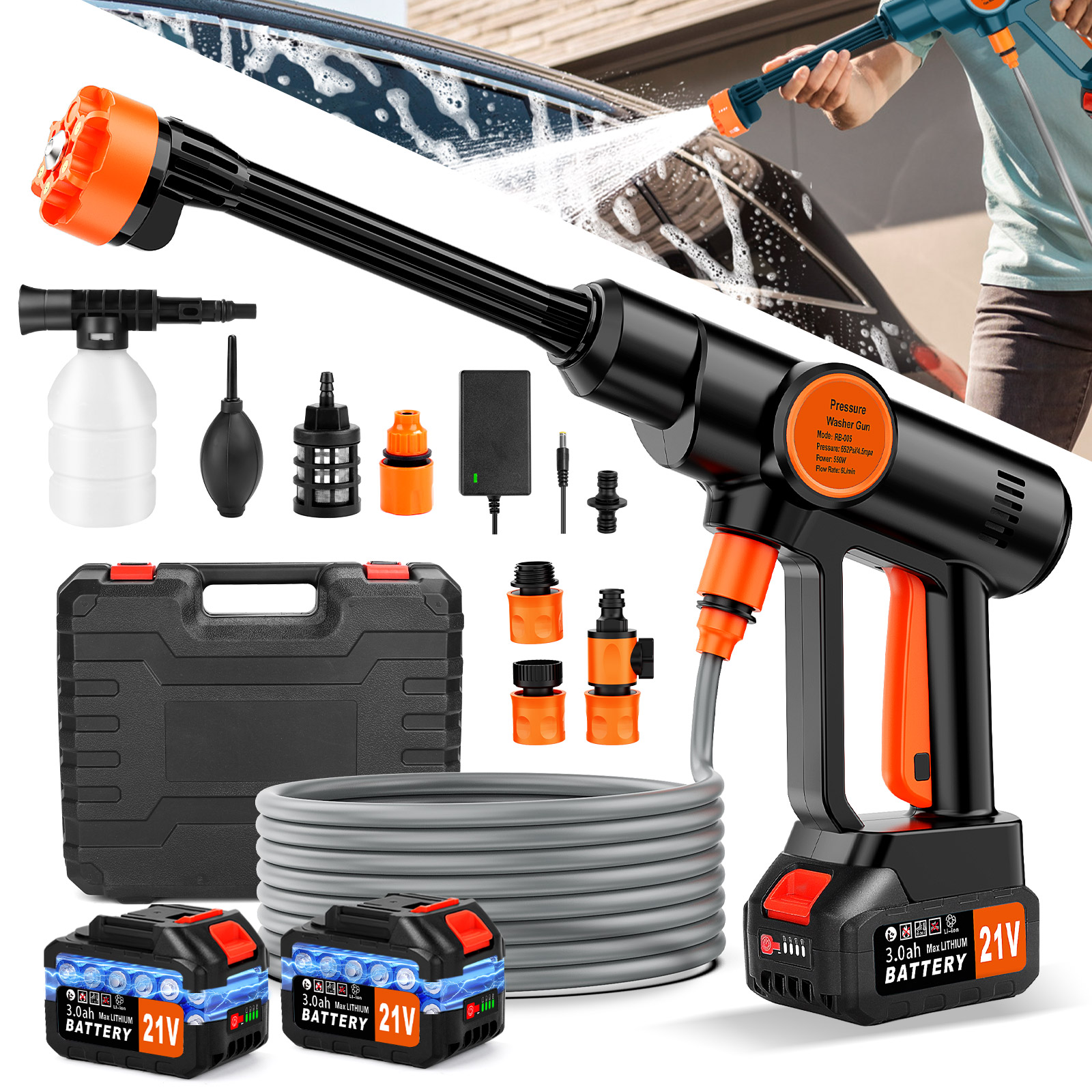 thumbnail video image 2 of Tanbaby Cordless Pressure Washer, Portable Power Washer with 2×3000mAh Battery, 550W 2.4GPM, 6-in-1 Nozzle, Electric Power Cleaner with 17ft Hose for Car Patio Floor, 2 of 10