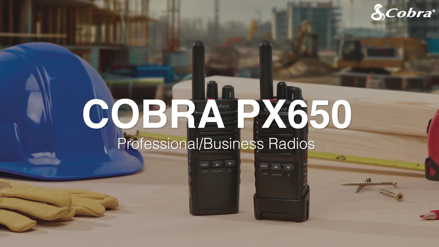 thumbnail video image 2 of Cobra PX650 BCH6 - Professional/Business Walkie Talkies for Adults - Rechargeable, 300,000 sq. ft/25 Floor Range Two-Way Radio Set (6-Pack), 2 of 5