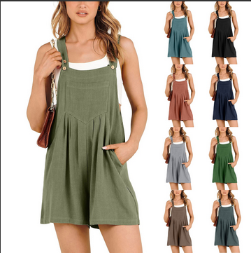 thumbnail video image 2 of snowsong Jumpsuits For Women Womens Overalls Women's Short Overalls Summer Casual Adjustable Strap Loose Linen Short Bib Overalls Jumpsuit Rompers Pants For Women Green M, 2 of 8