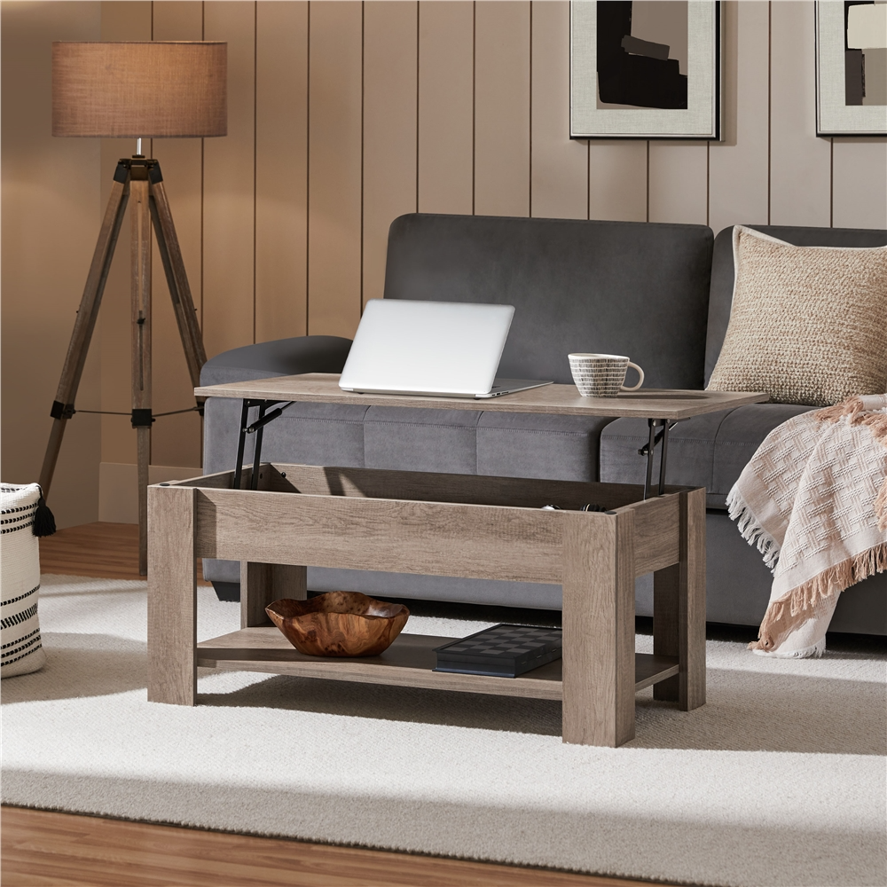 thumbnail video image 2 of Renwick Modern 39" Wooden Lift-Top Coffee Table with Lower Shelf for Living Room, Gray, 2 of 8