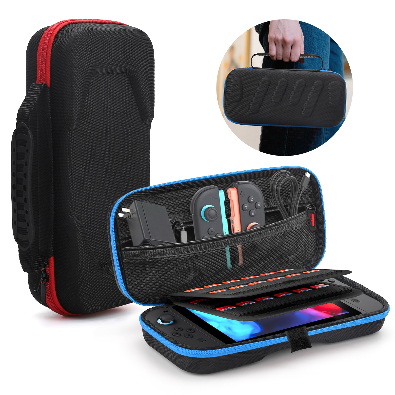 thumbnail video image 2 of EEEkit Carrying Case Fit for Nintendo Switch 2, Hard EVA Protective Travel Bag with 24 Game Card Slots, Screen Protector & Accessories Storage, Red Zipper, 2 of 8