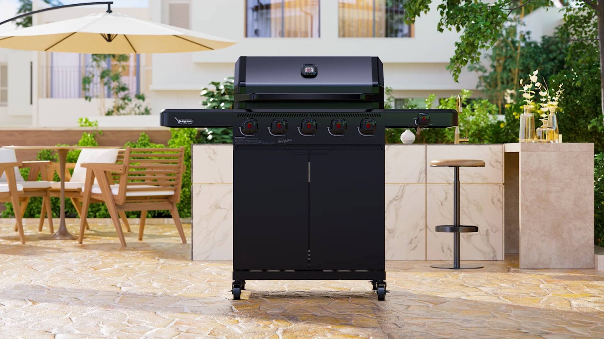 thumbnail video image 2 of Brand Man Pro 5-Burner Infrared Gas Grill Stainless Steel with Side Burner, Searing Zone & Porcelain-Enameled Grates Griddle, Convertible LPG/NG, 2 of 10