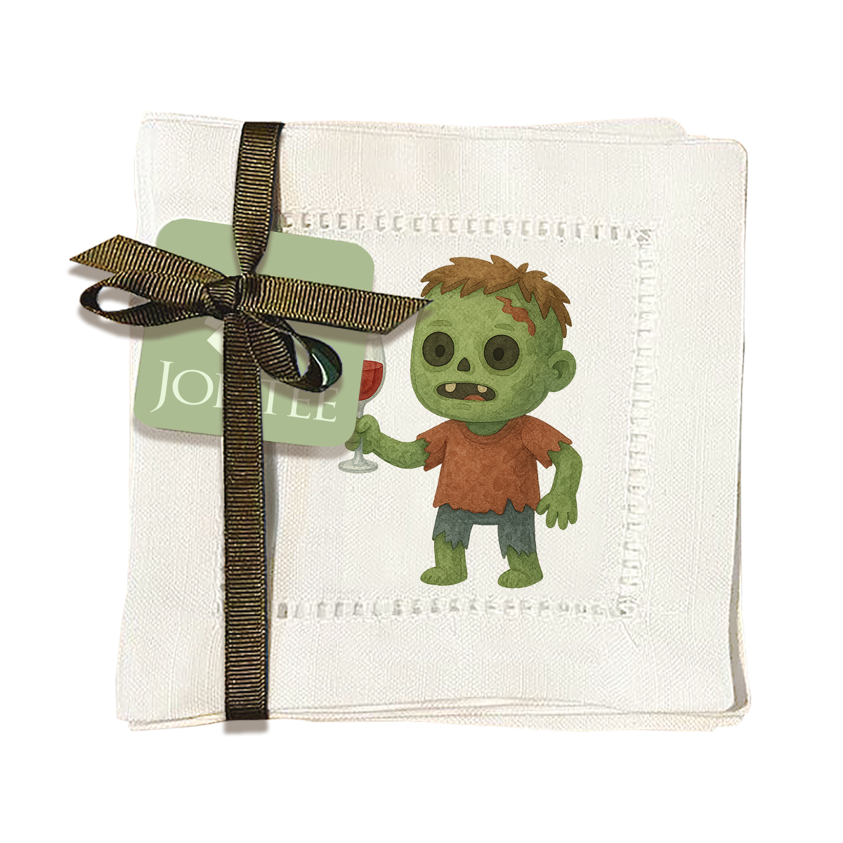 thumbnail video image 2 of Jolitee Decorative Hemstitch Cocktail Napkins, 6"x6" Washable Linen-Like Cloth Napkins, Handmade for Holiday Entertaining & Everyday Use (Watercolor Zombie, Set of 6), 2 of 9