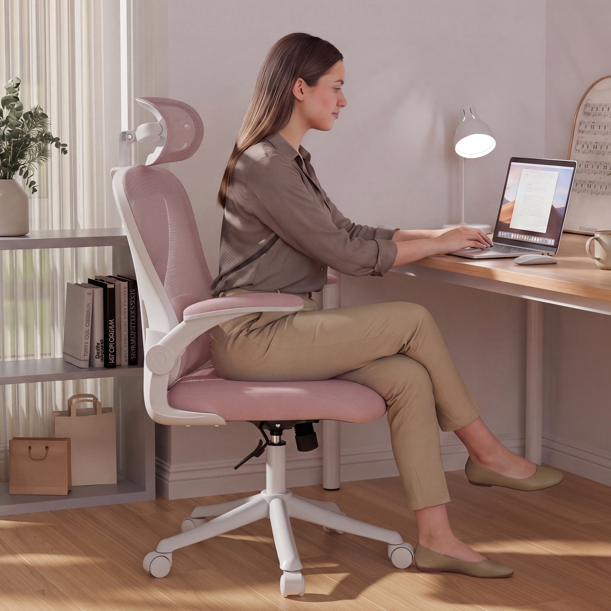 thumbnail video image 2 of Ninecer Ergonomic Mesh Office Chair with Memory Foam Seat, Computer Desk Chair with Adjustable Lumbar Support & 3D Headrest, 90°Flip-up Arms, Pink, 2 of 9