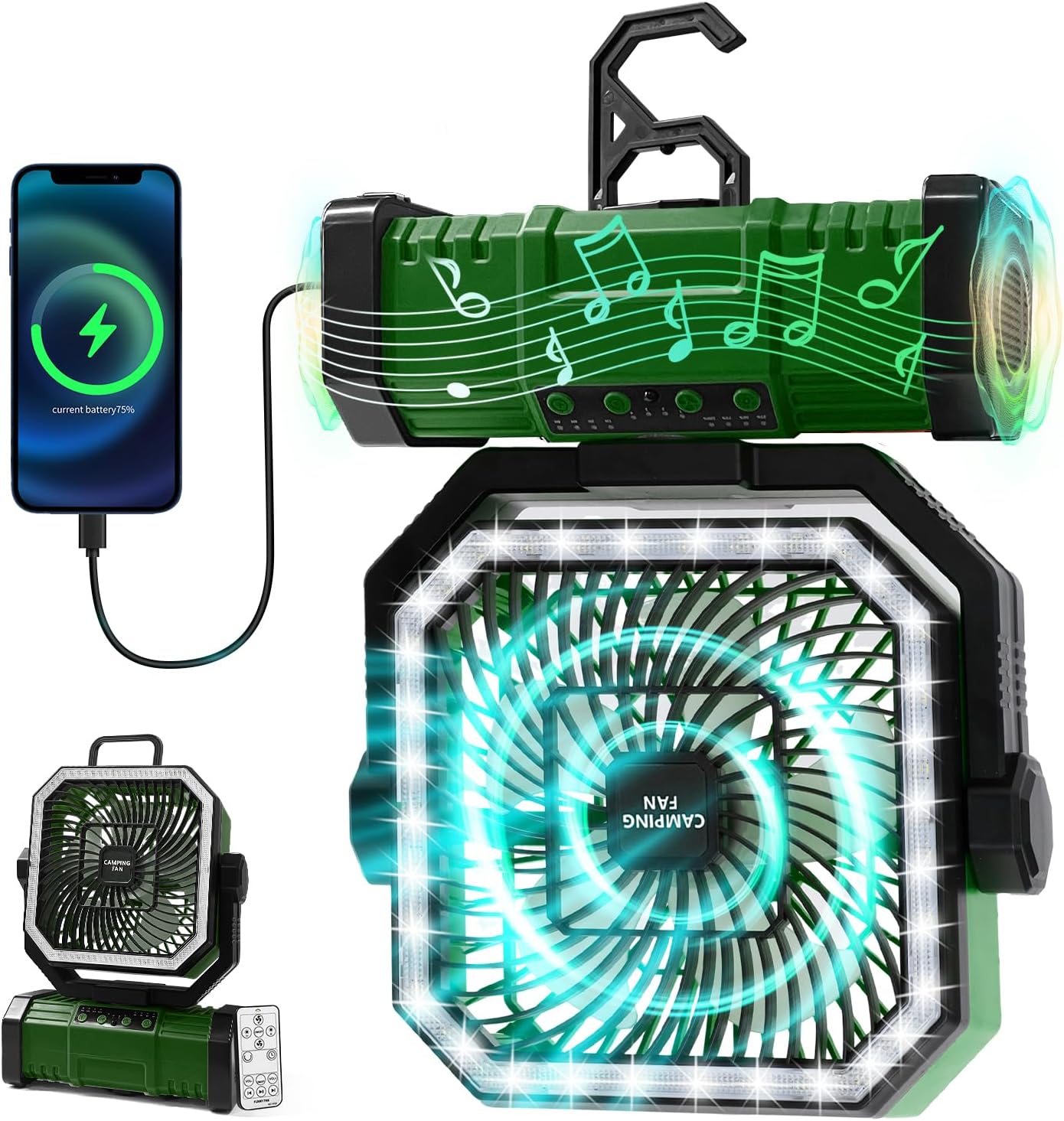 thumbnail video image 2 of SuperRGB Rechargeable 20000mAh Camping Fan with LED Lights, Remote Control, 4 Speeds & 360° Hook for Tent, RV & Outdoor Use, Green, 2 of 8