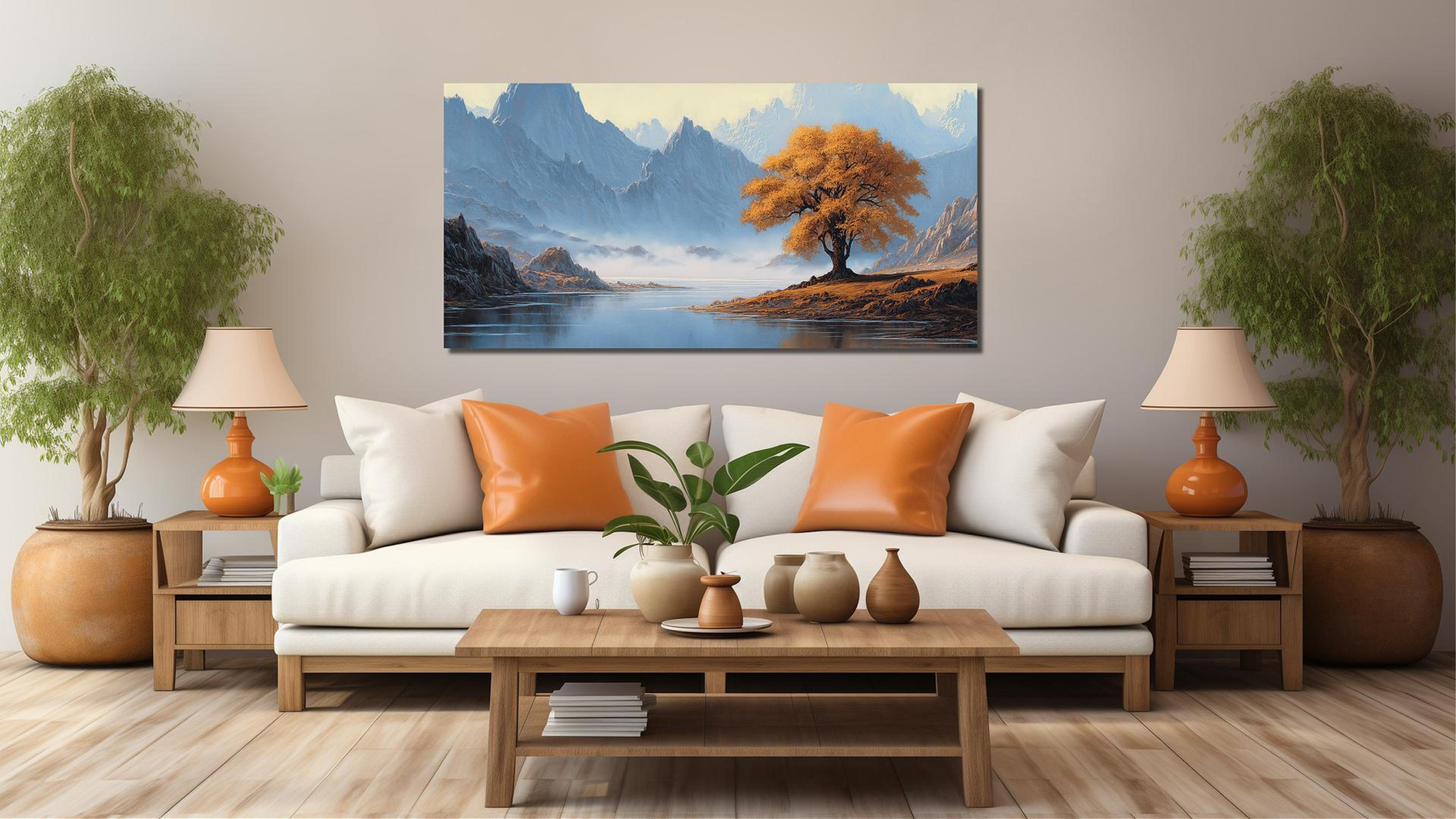 thumbnail video image 2 of Golden Autumn Tree Mountain Lake Landscape Canvas Wall Art Picture, Misty Valley River Scenery Nature Painting, 40x20 Inch Modern Mountain View Decor for Living Room Bedroom Office, 2 of 9