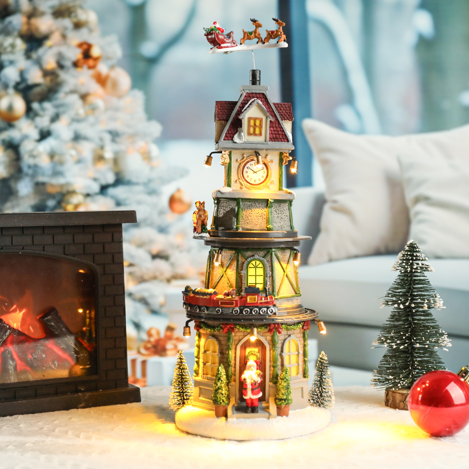 thumbnail video image 2 of Wonder Garden 15" Christmas Village Resin Clock Tower, Musical Figurine with LED Light, 2 of 10