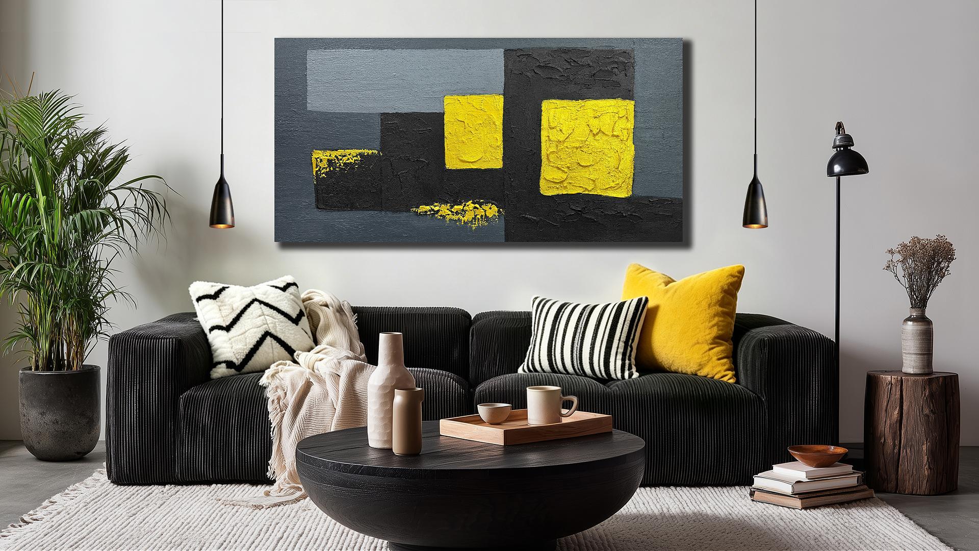 Block Pocture Hand-Painted 3D Textured Canvas Wall Art, Black Grey Gold Geometric ...
