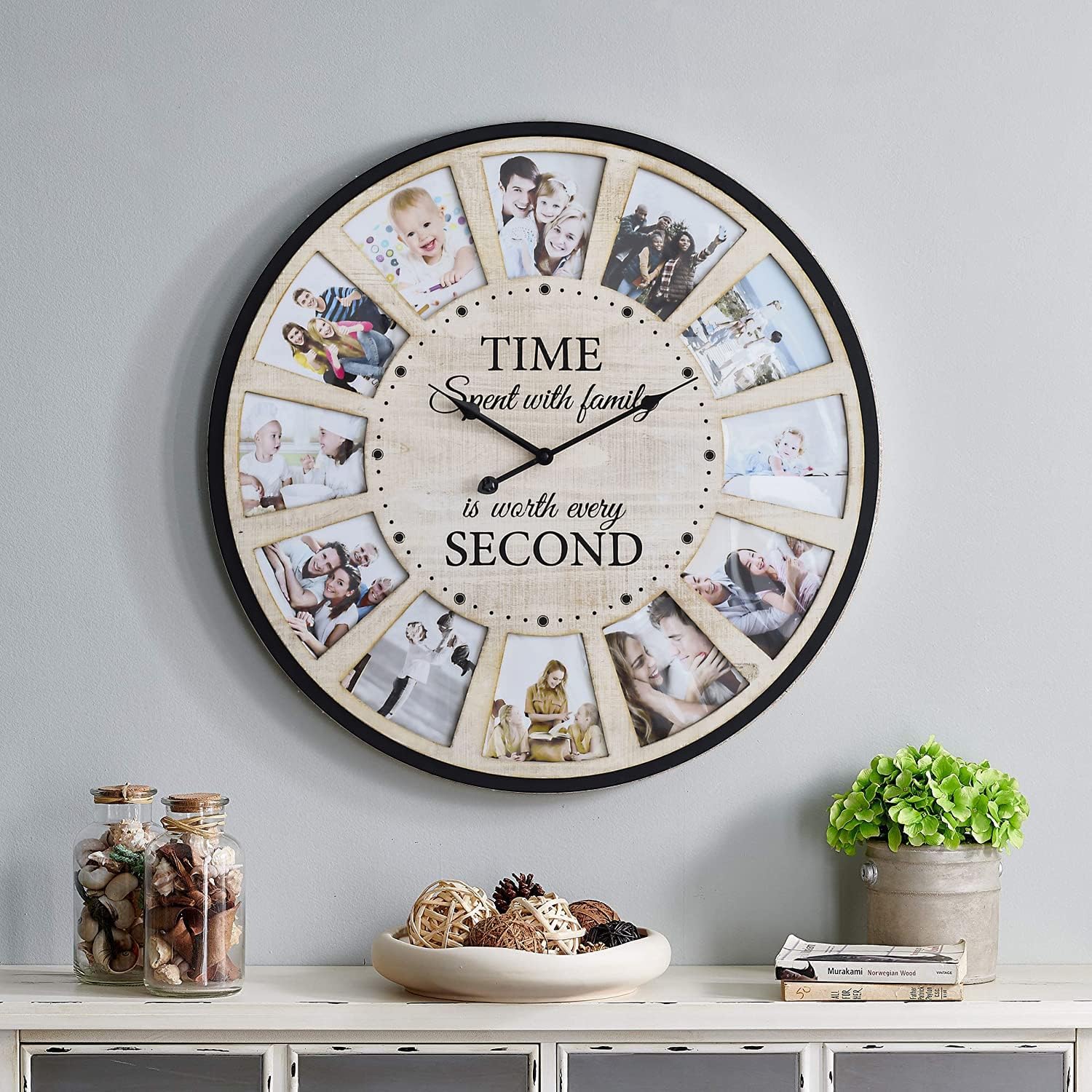 thumbnail video image 2 of MODE HOME Rustic Farmhouse Wood Wall Clock with 12 Photo Collage, Large Oversized Wall Clock for Home, Kitchen, Living Room, Silent Battery Powered 24 inch Natural, 2 of 7