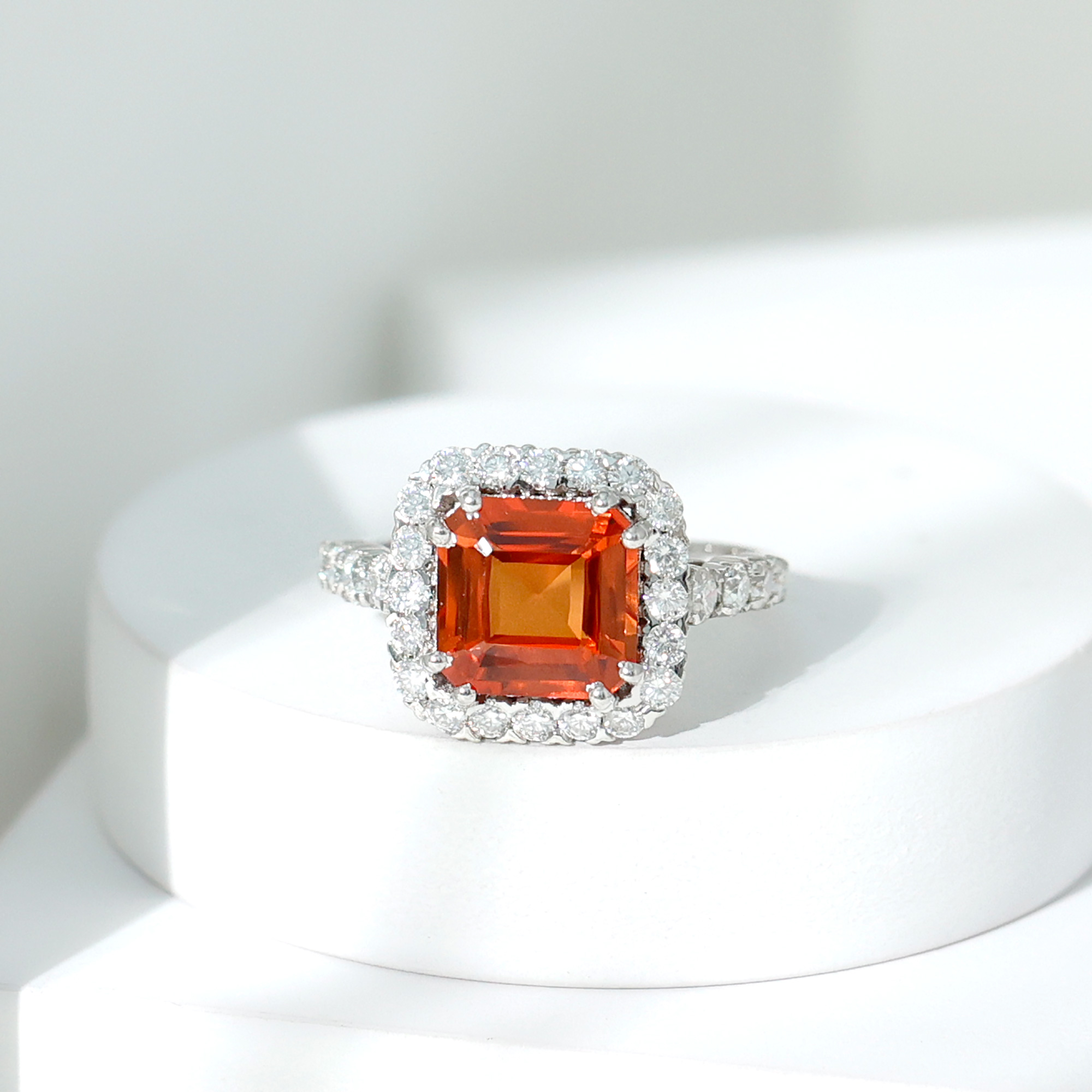 thumbnail video image 2 of Rosec Jewels Certified Lab Grown Orange Sapphire Asscher Cut Engagement Ring with Halo - AAAA Quality - with Jewelry Box, 10K White Gold, US 12.50, 2 of 7