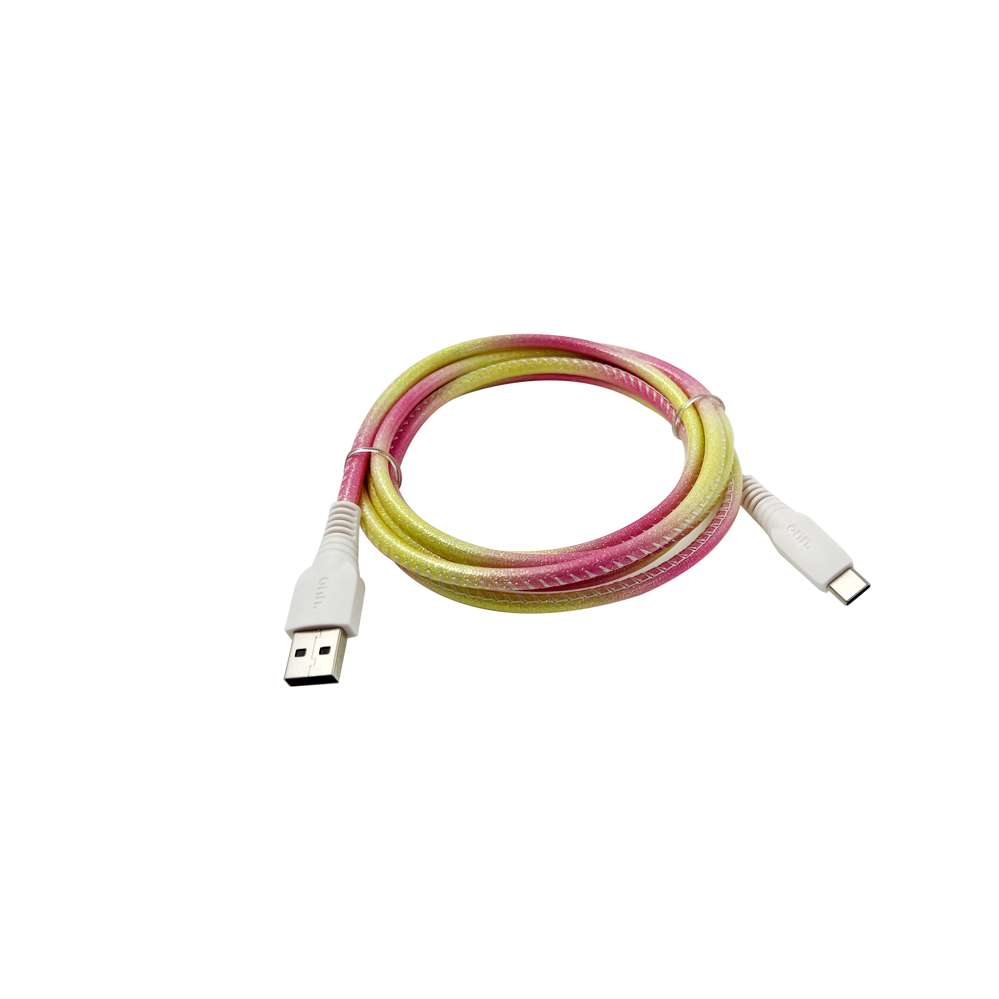 onn. USB to USB-C Glitter Cable, 6' Cord, Yellow & Pink 