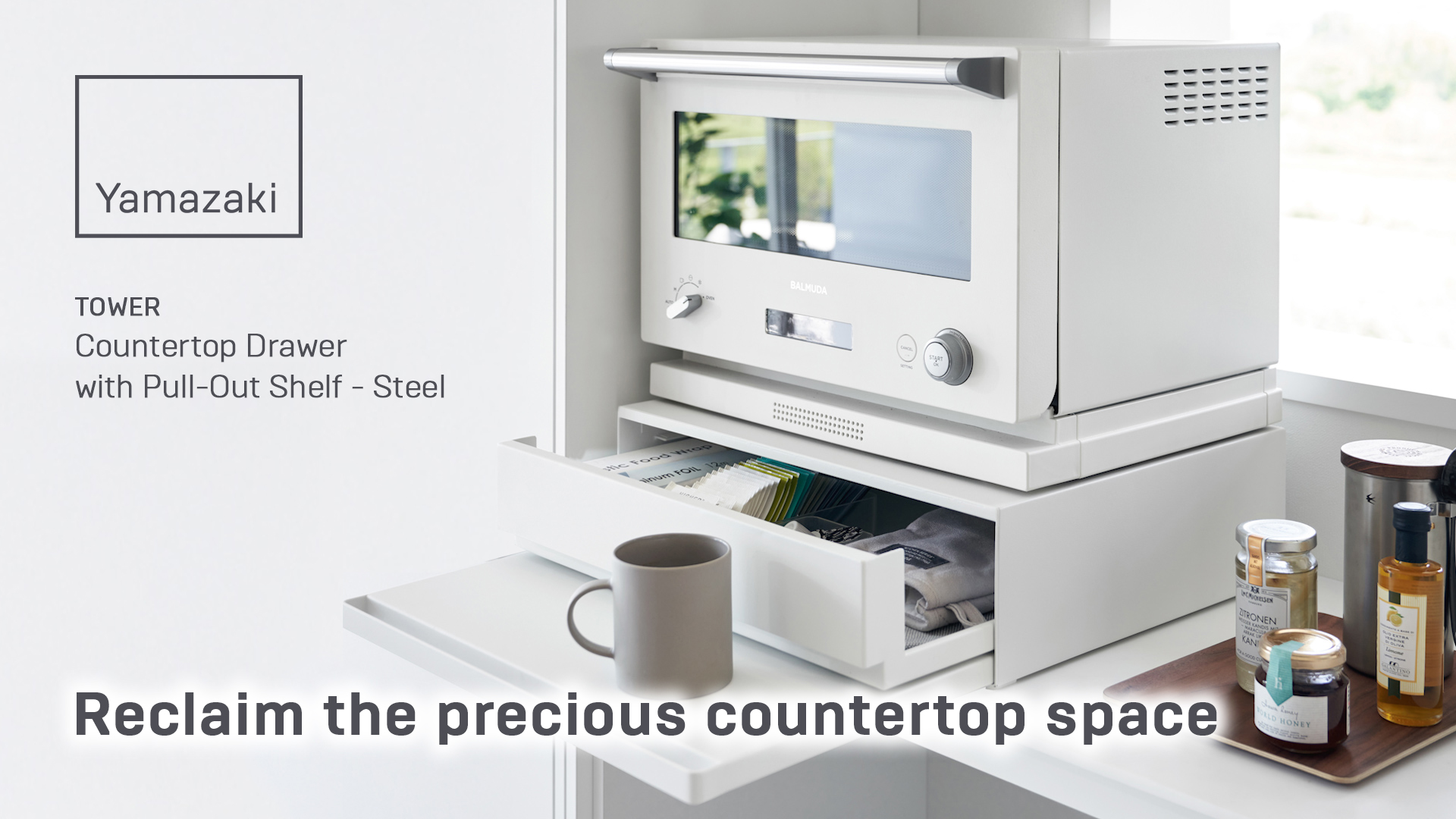 thumbnail video image 2 of Yamazaki Home Countertop Drawer with Pull-Out Shelf, Black, Steel, Supports 37 pounds, 2 of 8