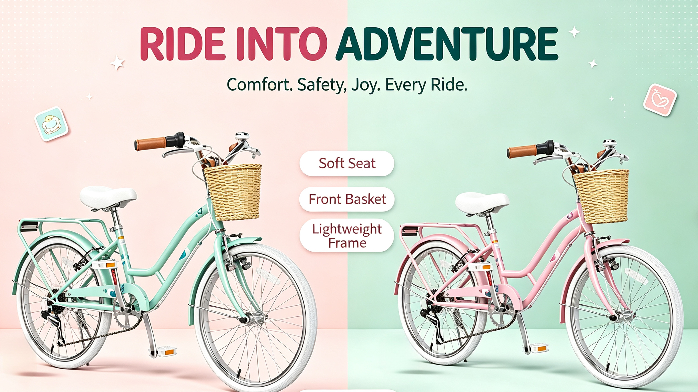 thumbnail video image 2 of Korimefa 20 inch Beach Cruiser Bike, Comfortable City Bicycle with Shimano 6-Speed Gearing, Front & Rear V-Brakes, Basket & Rear Rack, for Teen Girls Ages 7+, Green, 2 of 13