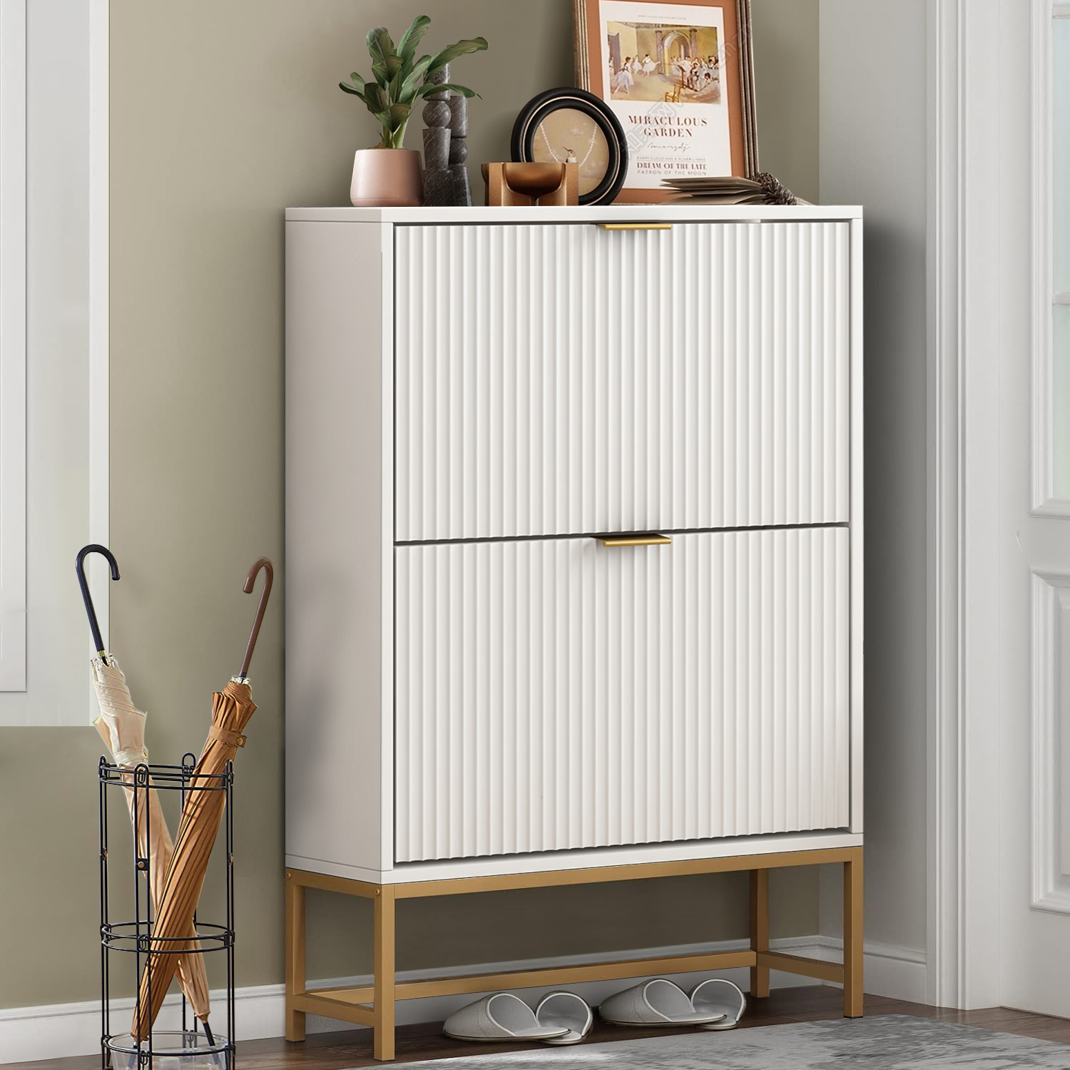 thumbnail video image 2 of Furtivusia Shoe Cabinet with 2 Flip Drawers, Shoe Storage Cabinet for Entryway, White, 2 of 9