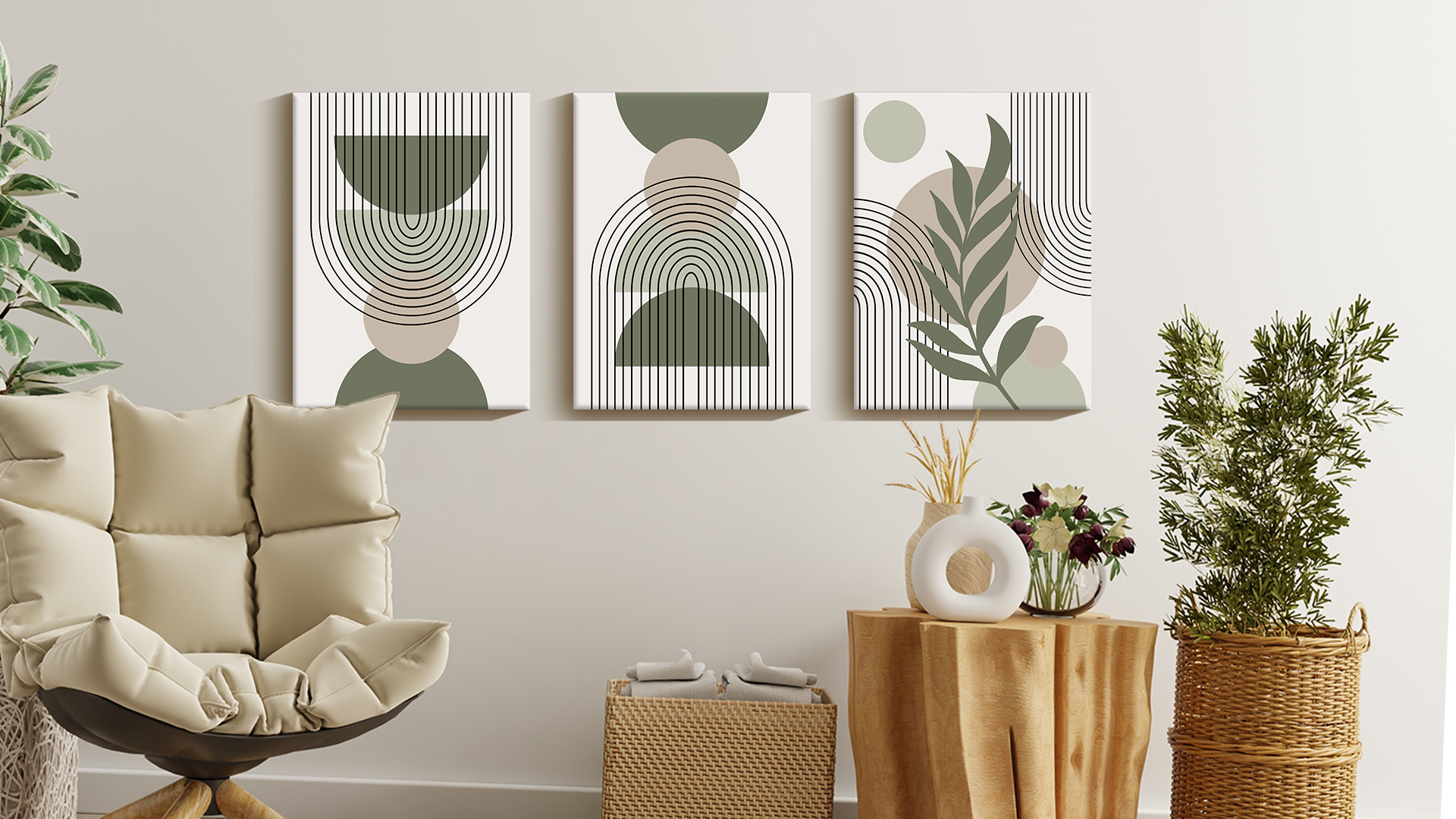 thumbnail video image 2 of SHENIFY Boho Wall Art Green Sage Boho Framed Wood Mid Century Modern Decor Minimalist Bohemian Abstract Geometry Canvas Prints Living room Ready To Hang - 12x16in3pcs Neutral Framed, 2 of 8