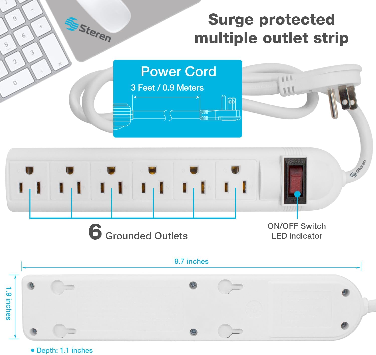thumbnail video image 2 of Steren 6-Outlet Power Strip with 3ft Heavy-Duty Cord, 150 Joules - Black, 2 of 8