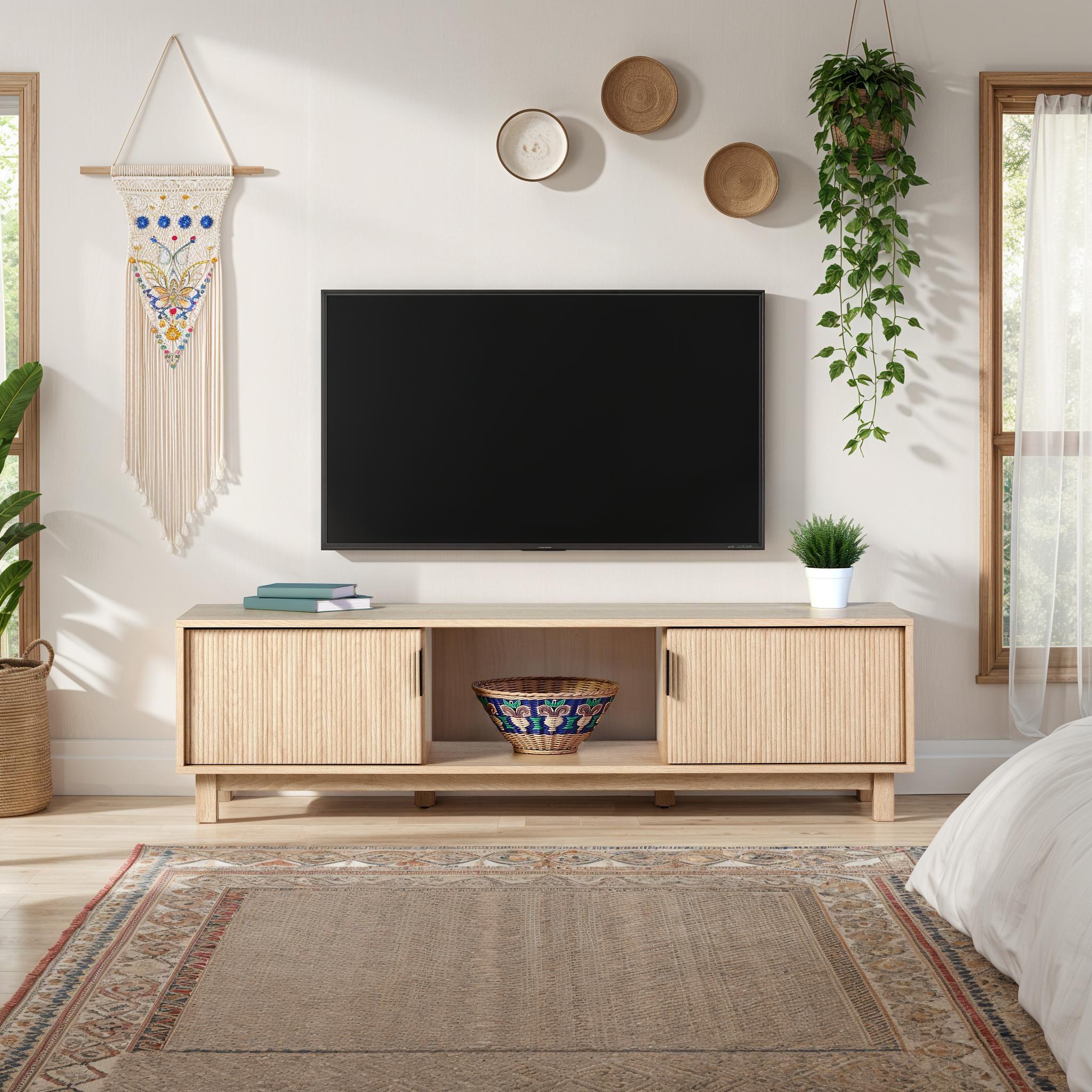 thumbnail video image 2 of Manor Park Mid-Century Modern 2-Door Reeded TV Stand for TVs up to 65”, Mocha, 2 of 12