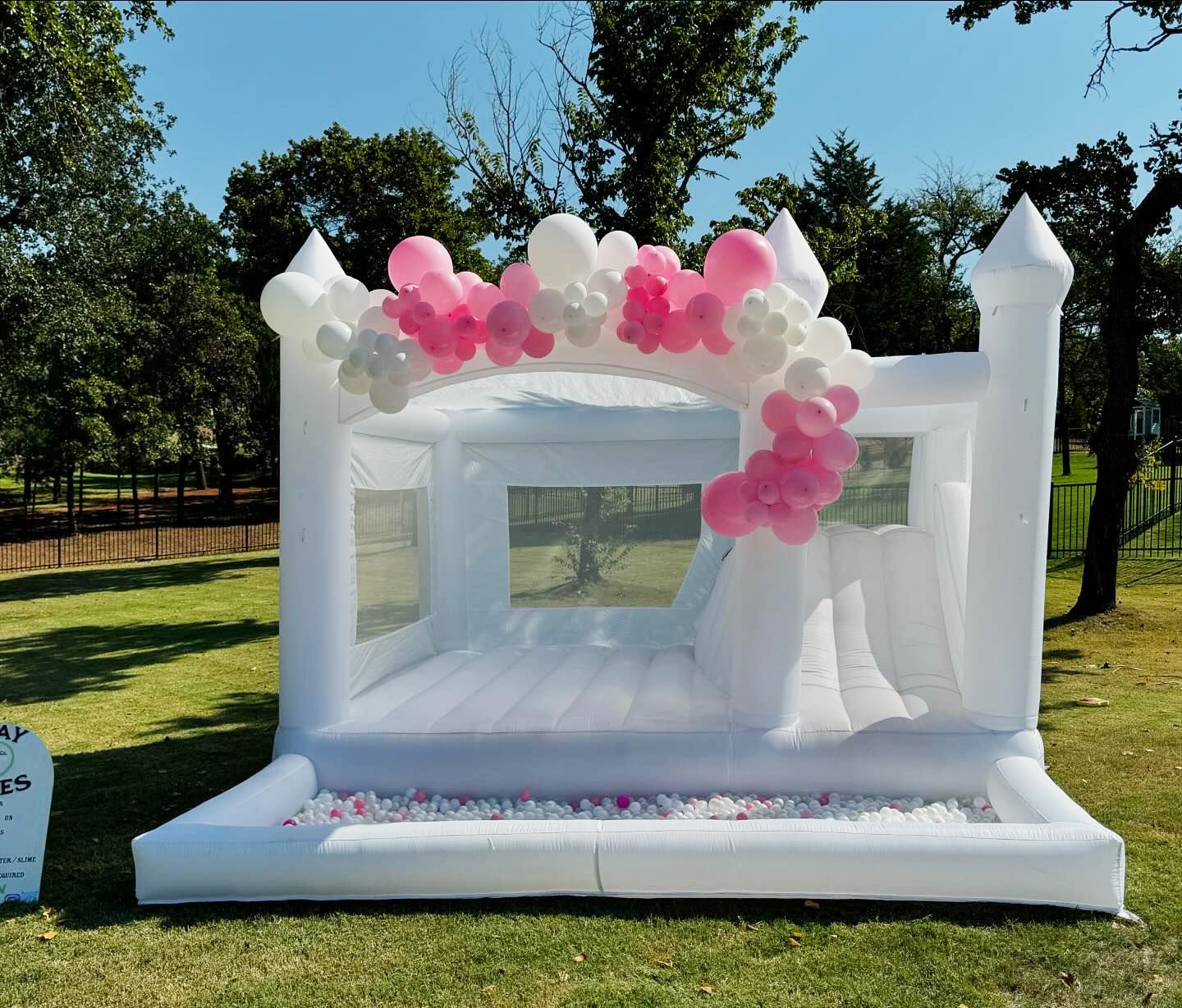 thumbnail video image 2 of 15' x 13' Oxford White Bounce House with Ball Pit & Slide & Air Blower Large Size Bounce House for Kids Birthday Party/Events, 2 of 8