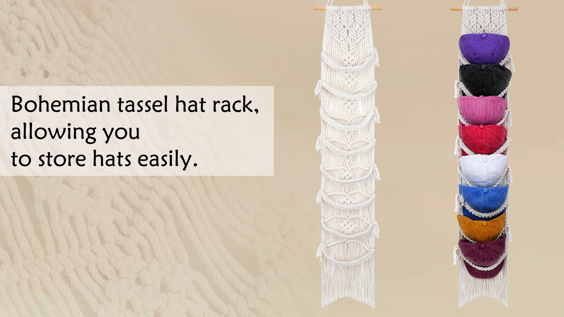 thumbnail video image 2 of HonorHut Tassel Hat Rack Wall Mounted Cap Hanger Storage Bohemian Handmade Woven Wall Hanging for Home Door Table Bedroom Decoration Beige, 2 of 7