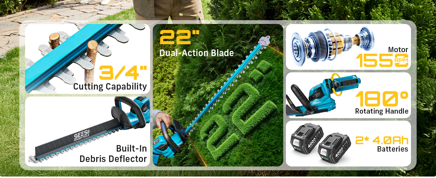 thumbnail video image 2 of SEESII 22" Cordless Hedge Trimmer: 20V Electric Bush Trimmer with Debris Collector, 2 Pcs 4000mAh Batteries, Dual-Action Blade, 3/4" Blade Gap, Rotatable Handle, Handheld Shrub Hedge Clipper for Yard, 2 of 10