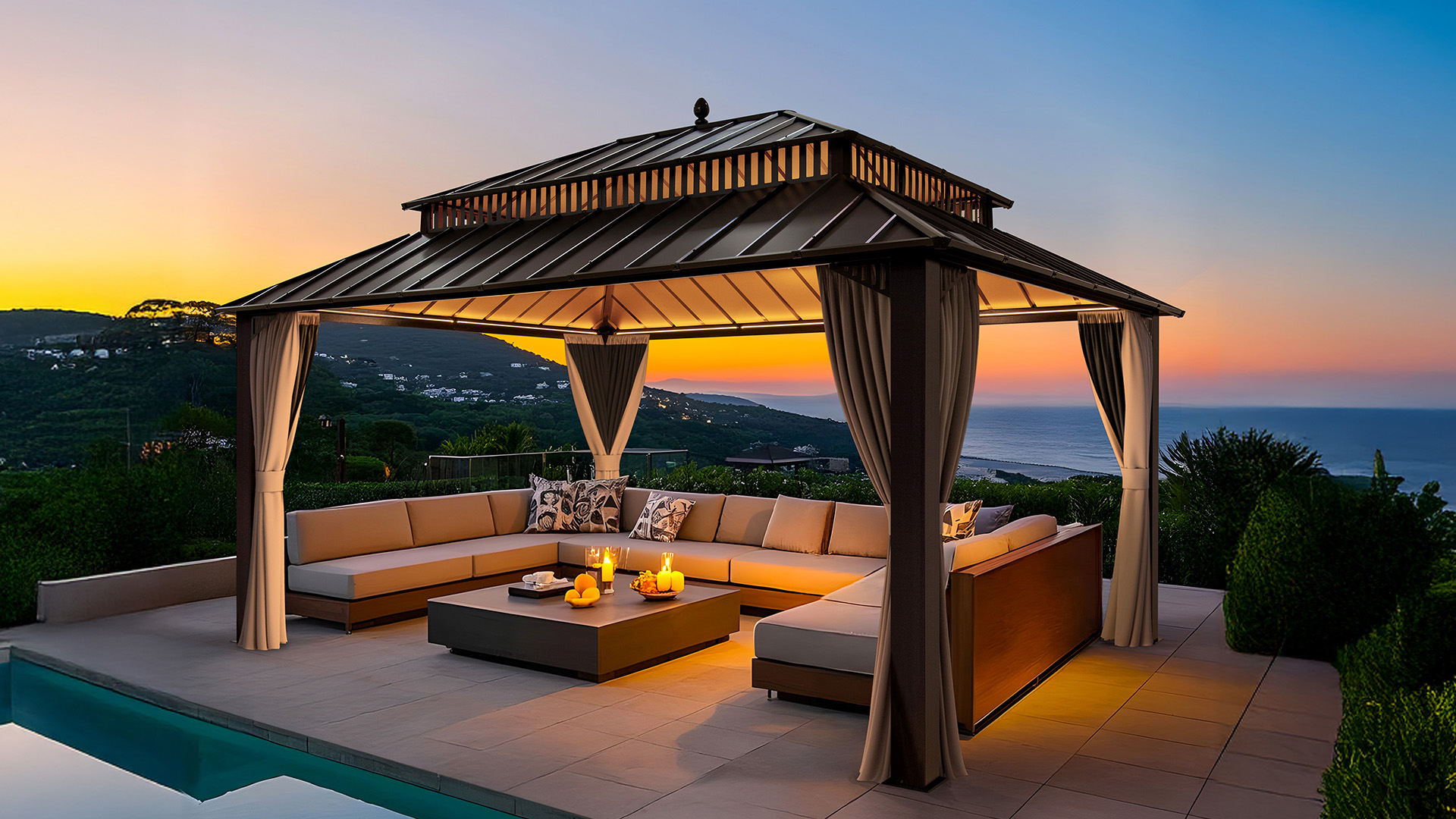 thumbnail video image 2 of Sunjoy 16x12 ft. Outdoor Gazebo Steel Hardtop with Curtain and Netting,Kingston Series, 2 of 18
