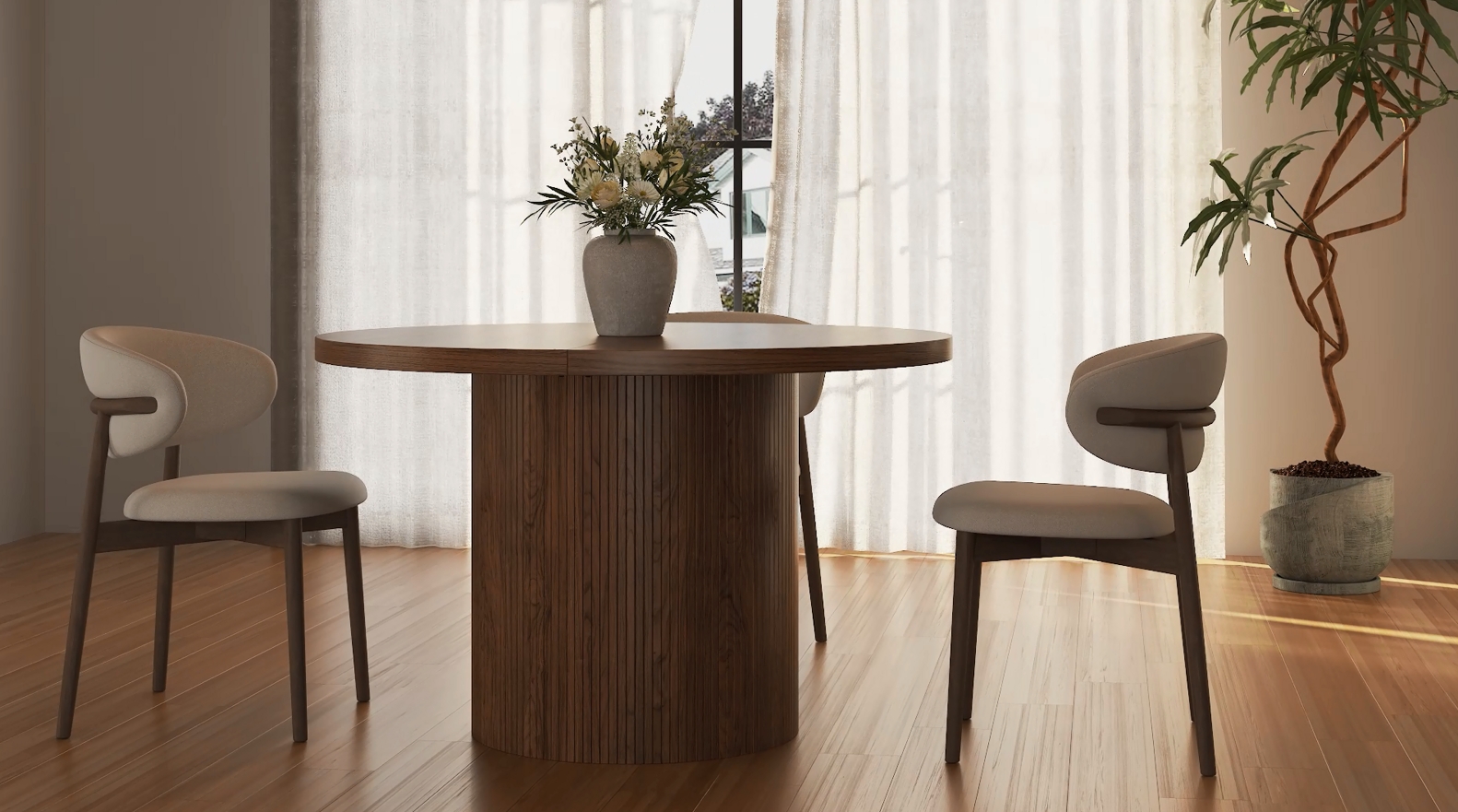 thumbnail video image 2 of Onbrill 47 inch Round Dining Table for 4-6, Circle Kitchen Table with Wood Strip Base, Modern Farmhouse Dinner Tables for Kitchen, Living Room (Walnut), 2 of 9