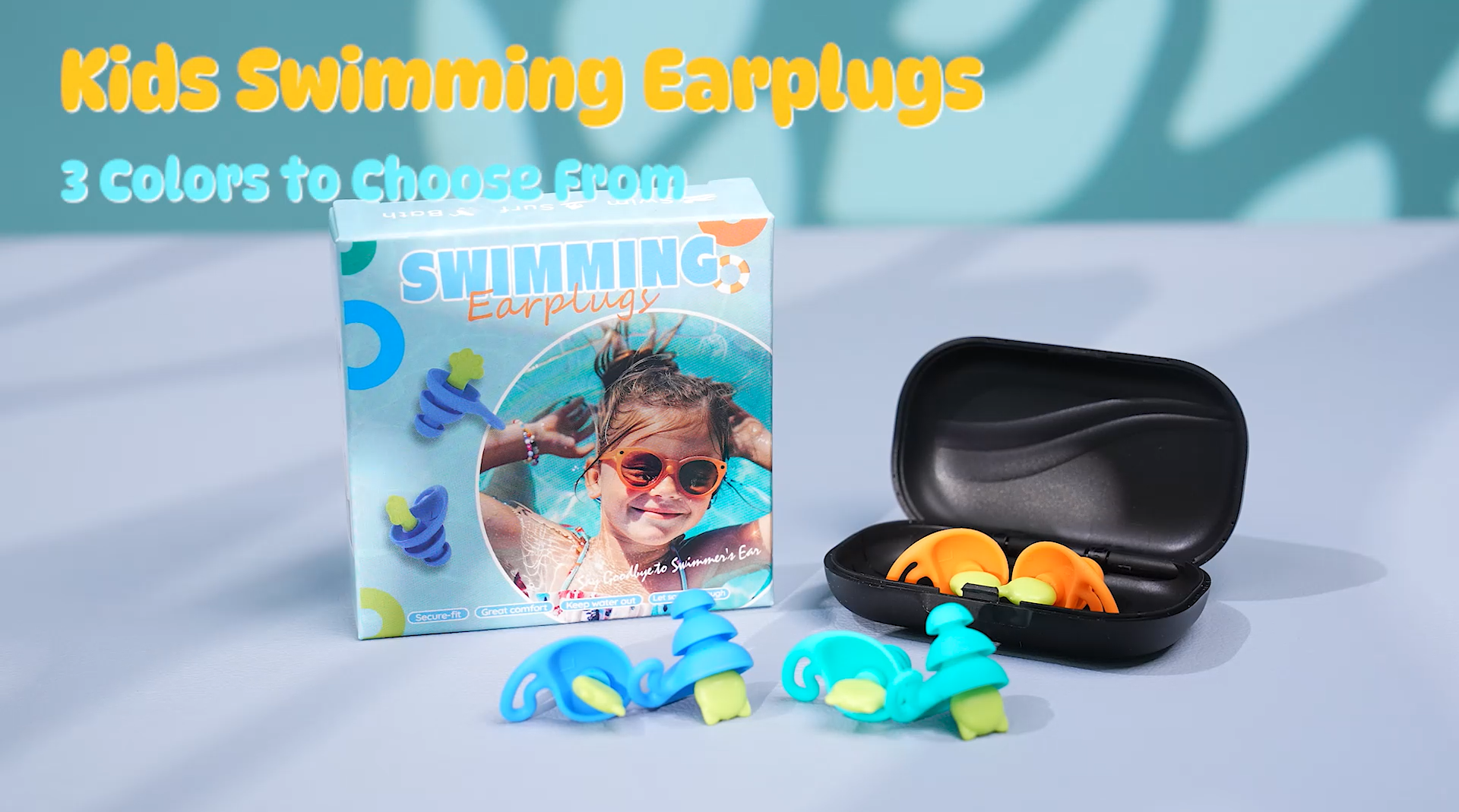 thumbnail video image 2 of 3 Pairs Swimming Earplugs, Silicone Comfortable Earplugs with Storage Case, Fits Small Ears and Adults, Suitable for Swimming, Bathing, Surfing – Blue/Green/Orange-L, 2 of 7