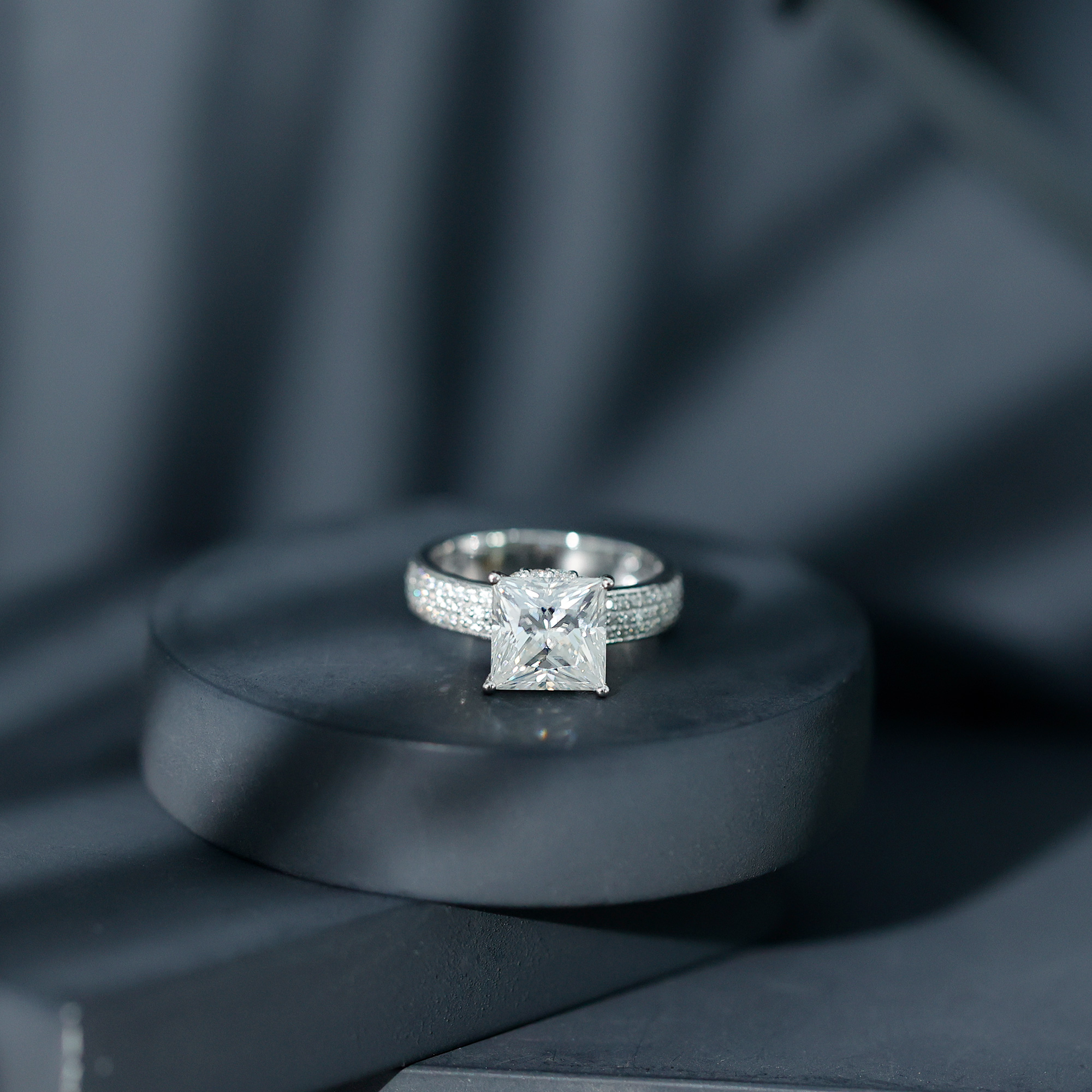 thumbnail video image 2 of Rosec Jewels Princess Cut Moissanite Engagement Ring with Side Stones - 3 Carat Moissanite Ring - 8 mm - D-VS1 Quality, 18K Yellow Gold, US 4.00, 2 of 9