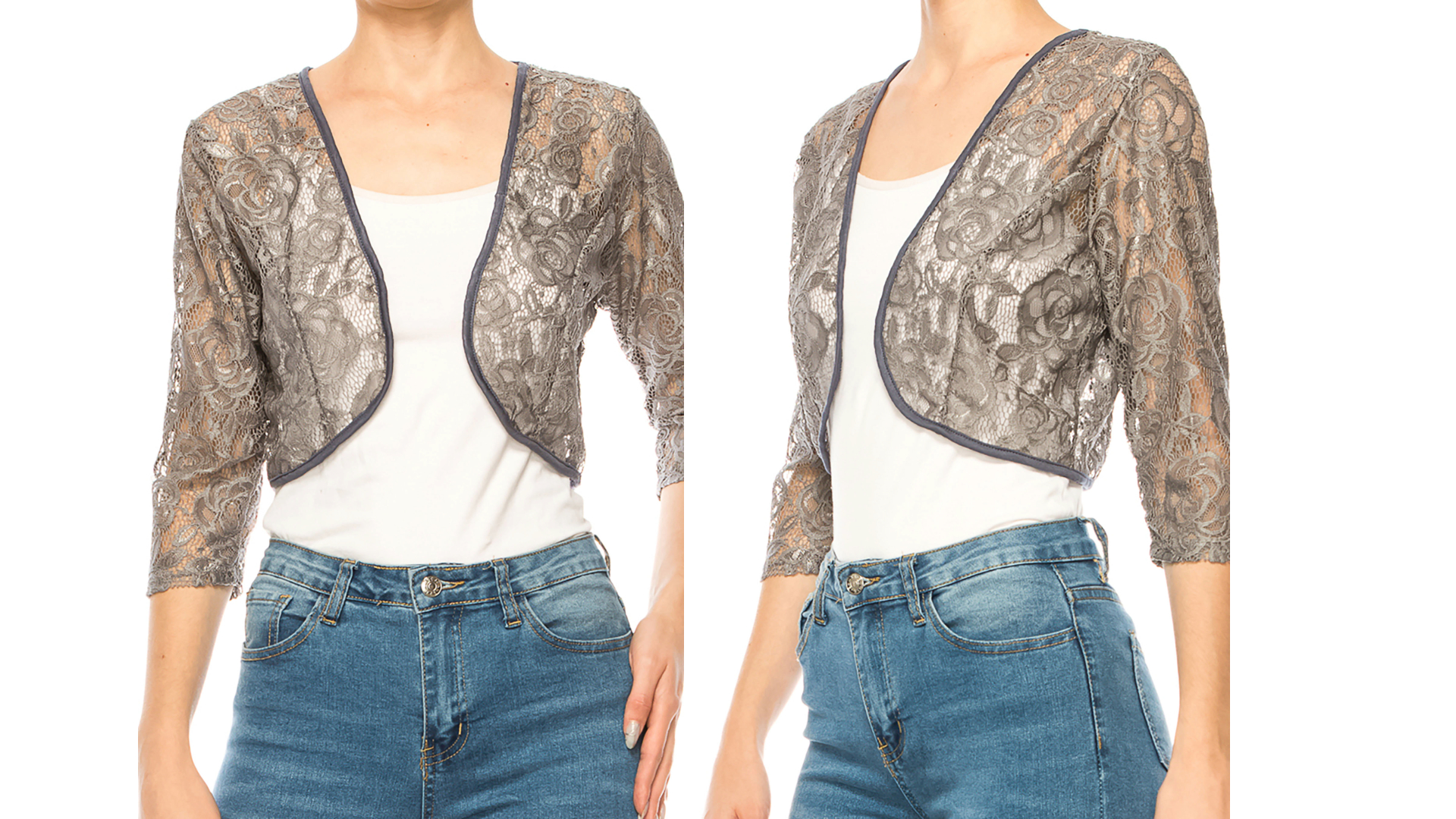 thumbnail video image 2 of MOA COLLECTION Women's Casual Lace Bolero Crochet Open Cardigan 3/4 Sleeve Sheer Cover Up Jacket, 2 of 7