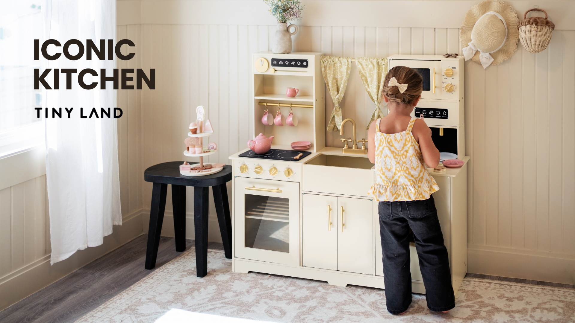 thumbnail video image 2 of Tiny Land Wooden Play Kitchen Set for Kids, Home Style Design with Curtains, Ideal for Ages 3+ (White), 2 of 11