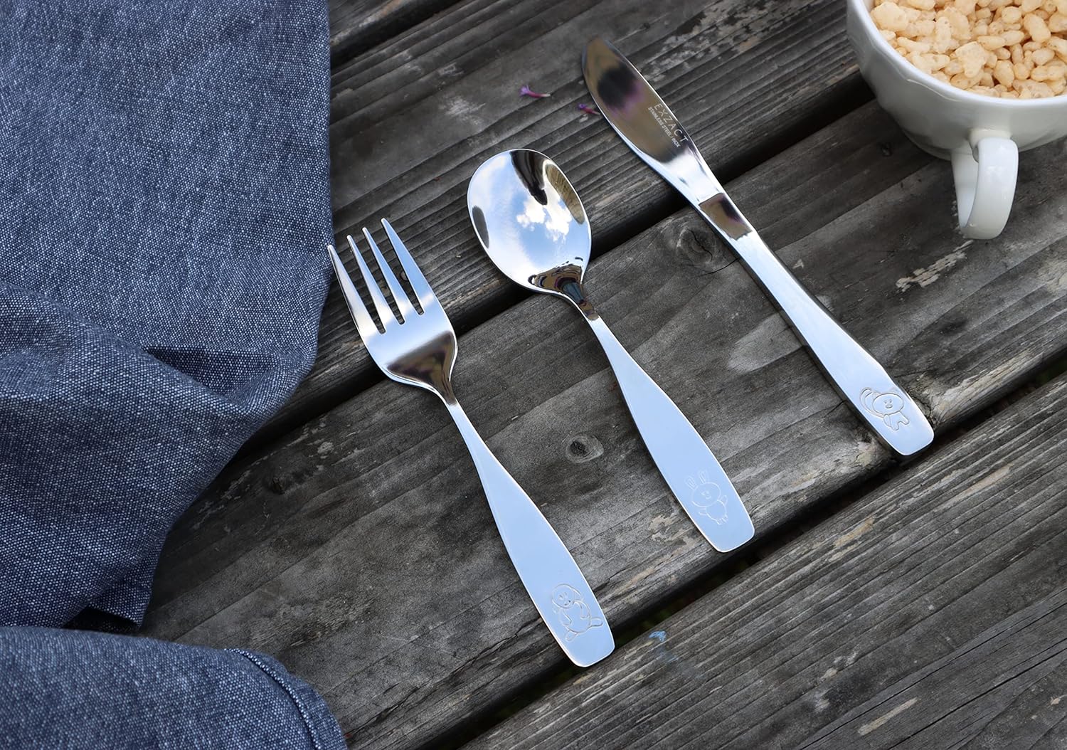 thumbnail video image 2 of Exzact Children Flatware 6pcs Stainless Steel Silverware Set - Engraved Dog Cat Bunny Design, 2 of 8