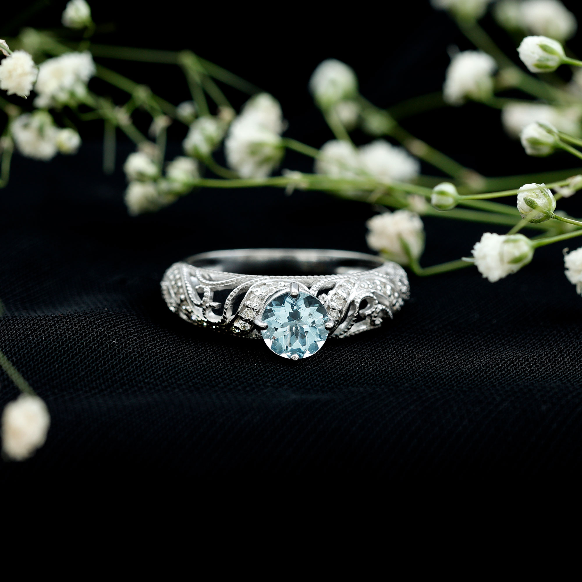 thumbnail video image 2 of Vintage Inspired Ring - Aquamarine Solitaire Ring with Diamond for Women, 14K Rose Gold, US 7.00, 2 of 4