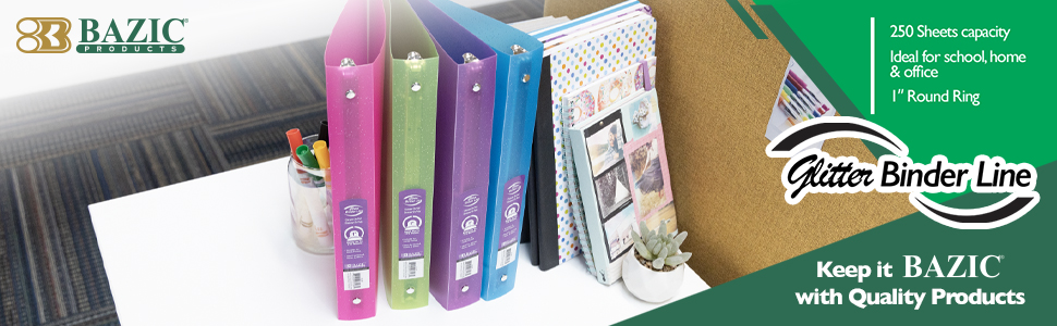 thumbnail video image 2 of BAZIC 3 Ring Binder 1" Poly Binders Glitter Color Soft Cover, 175 Sheets, 4-Count, 2 of 8