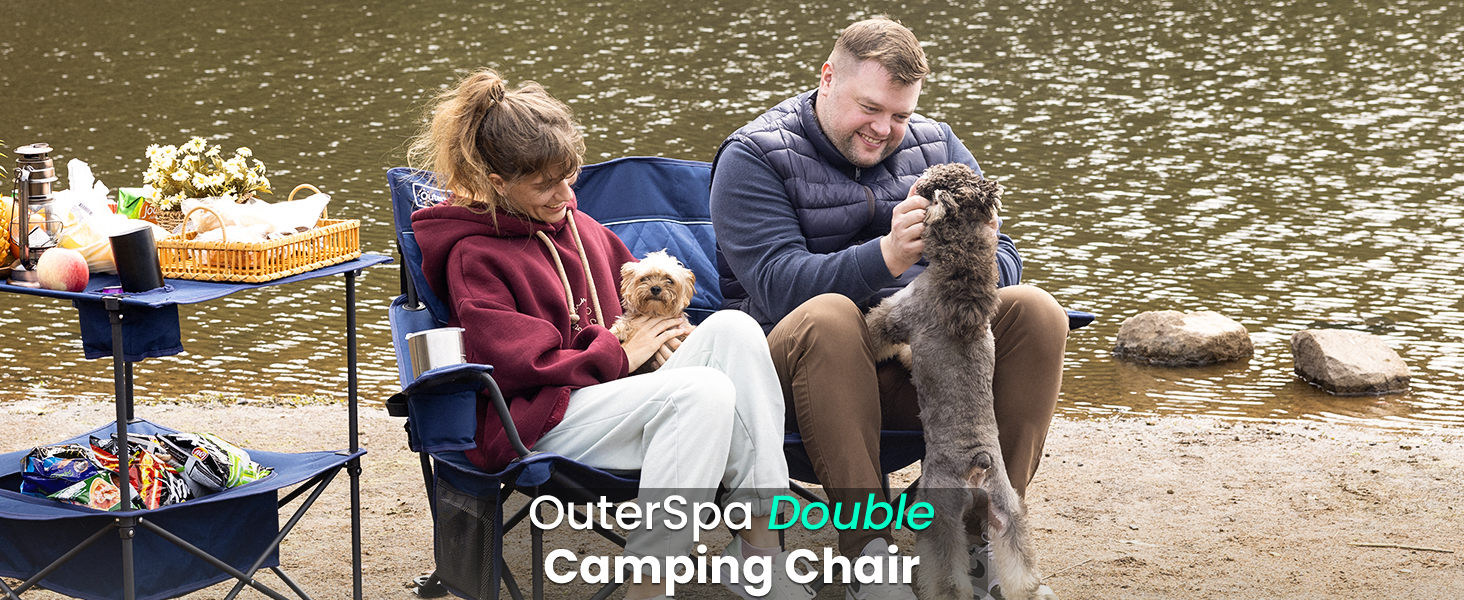 thumbnail video image 2 of OuterSpa Oversized Double Camping Chair, Heavy Duty Camp Sofa Outdoor Loveseat for Adults, Folding Lawn Couch, Supports 600 lbs, 2 of 13