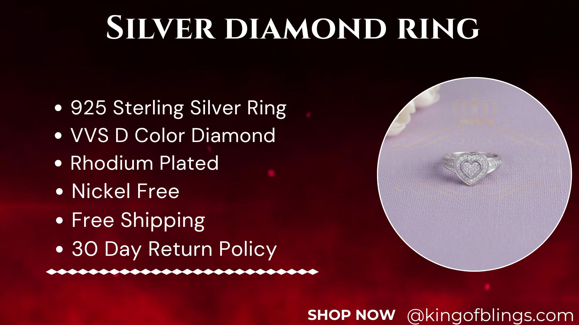 thumbnail video image 2 of King of Bling's 925 White Sterling Silver 0.15CT Diamond Shiny Promise Heart Womens Ring Size 7, 2 of 14