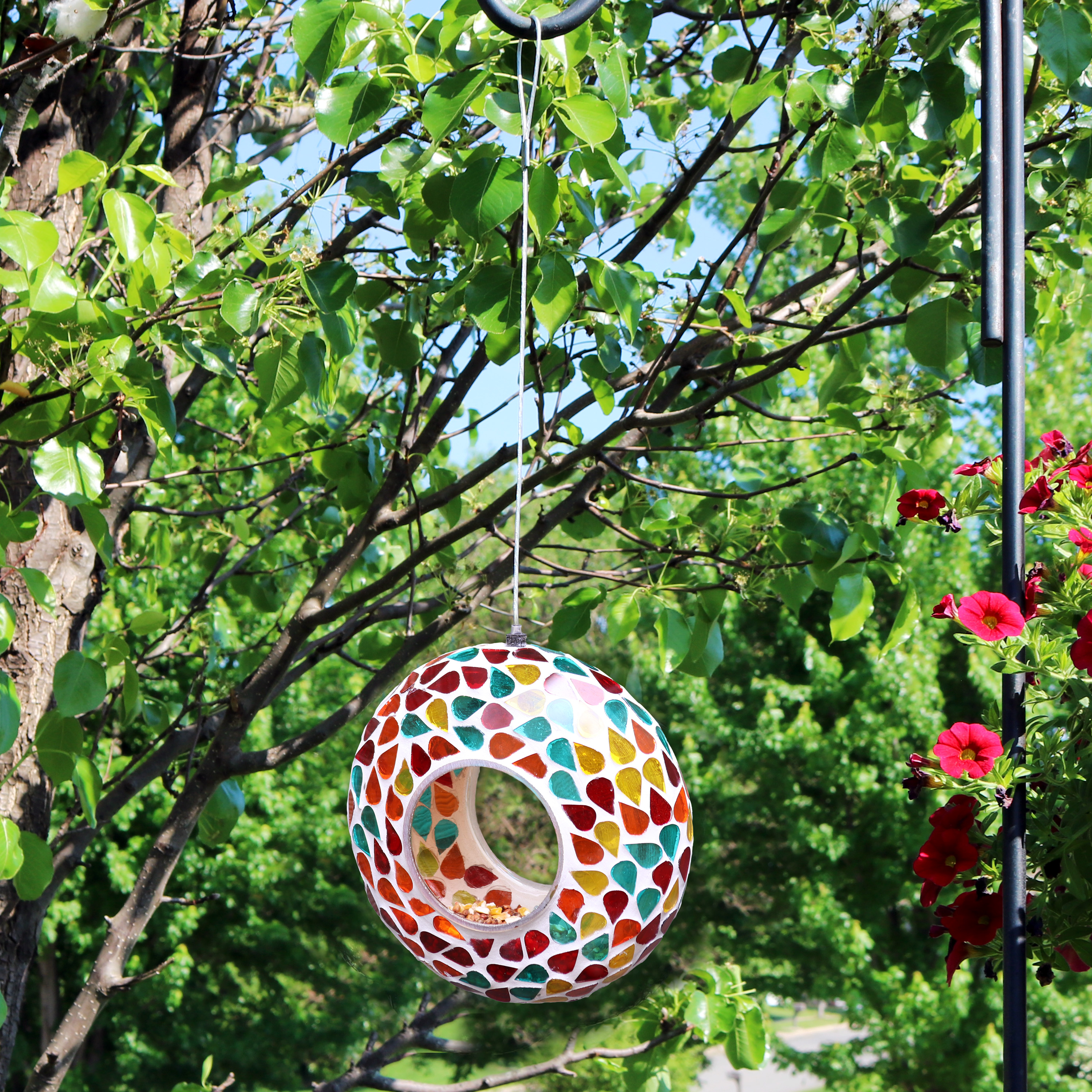 thumbnail video image 2 of Sunnydaze Mosaic Glass Fly-Through Hanging Bird Feeder, 1-Cup Capacity, Summer Mosaic, 2 of 15