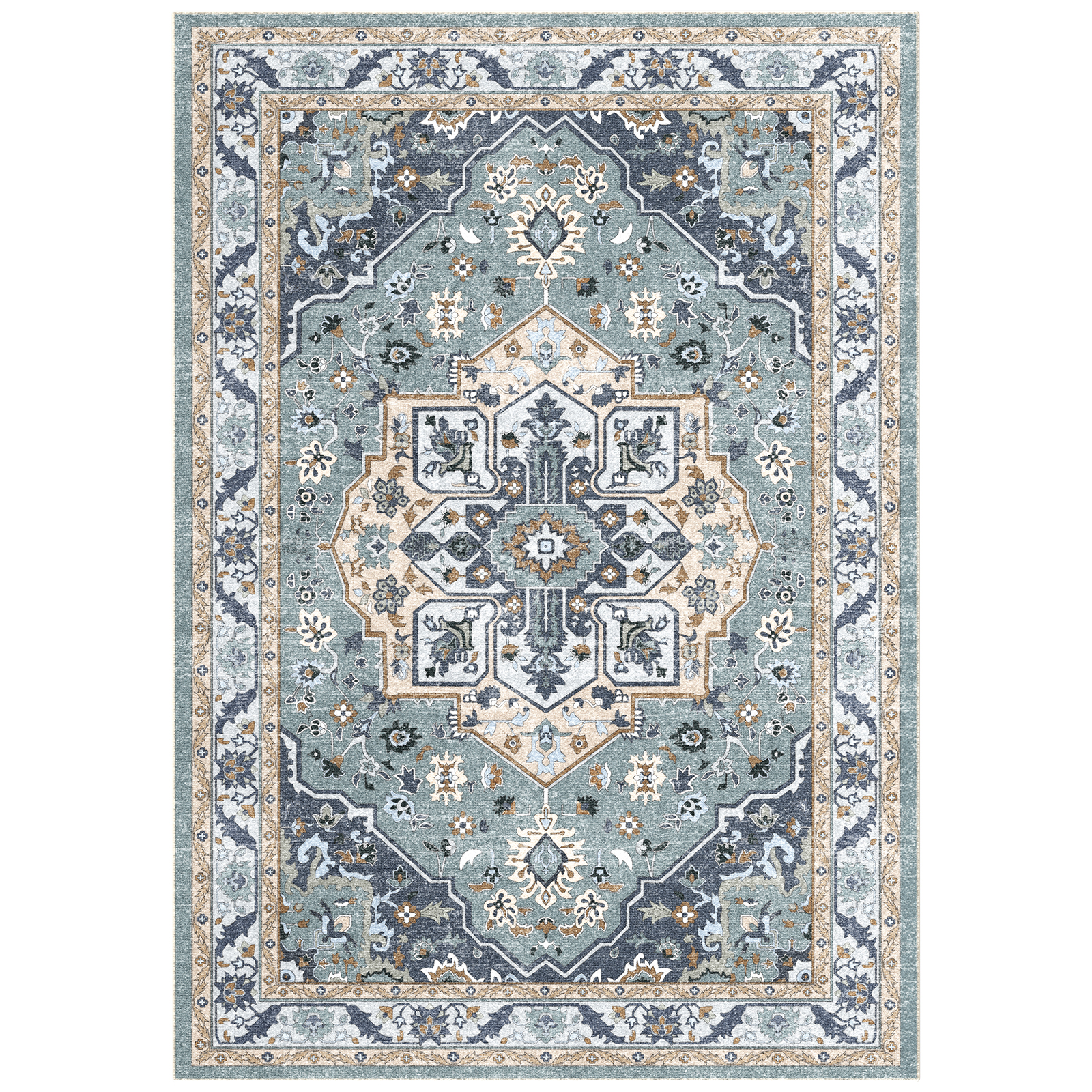 thumbnail video image 2 of Washable Area Rug for Living Room, NovDeco 9'x12' Non-Slip Vintage Boho Light Blue Indoor Rug, Low Pile Stain Resistant Carpet for Bedroom, Kitchen, 2 of 11