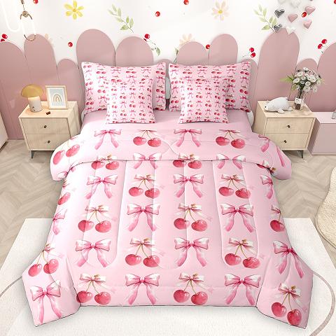 thumbnail video image 2 of Homewish Cute Graffiti Bowtie 7 Pieces Bedding Comforter Set,Sweet Berry Full Bedding Set,Red Pink Fitted Sheet Flat Sheet For Girls Kids,Ultra Soft Home Decor Reversible, 2 of 9