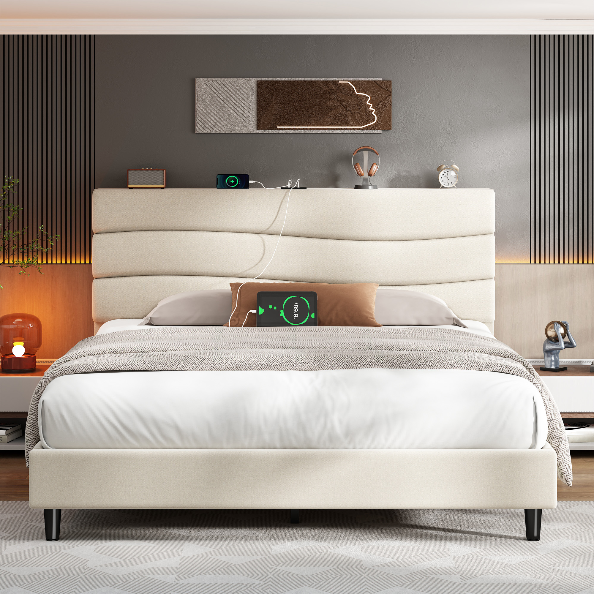 thumbnail video image 2 of EnHomee Queen Bed Frame with Adjustable Headboard Upholstered Queen Size Bed Frame with Charge Station & Storage, Beige, No Box Spring Needed, Noise Free, 2 of 13