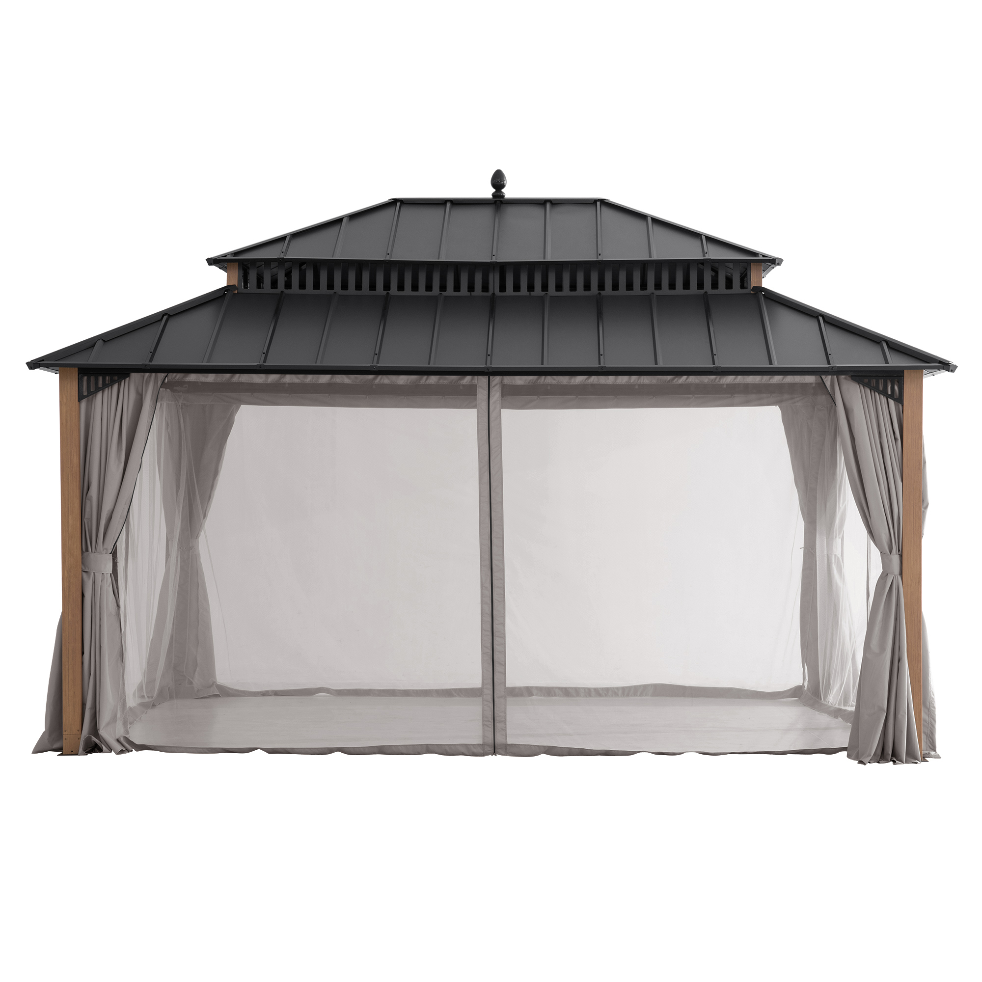thumbnail video image 2 of Sunjoy 16x12 Outdoor Gazebo, Steel Hardtop Gazebo with Curtain and Netting, Woodgrain Aluminum Posts,ingston Series, 2 of 18