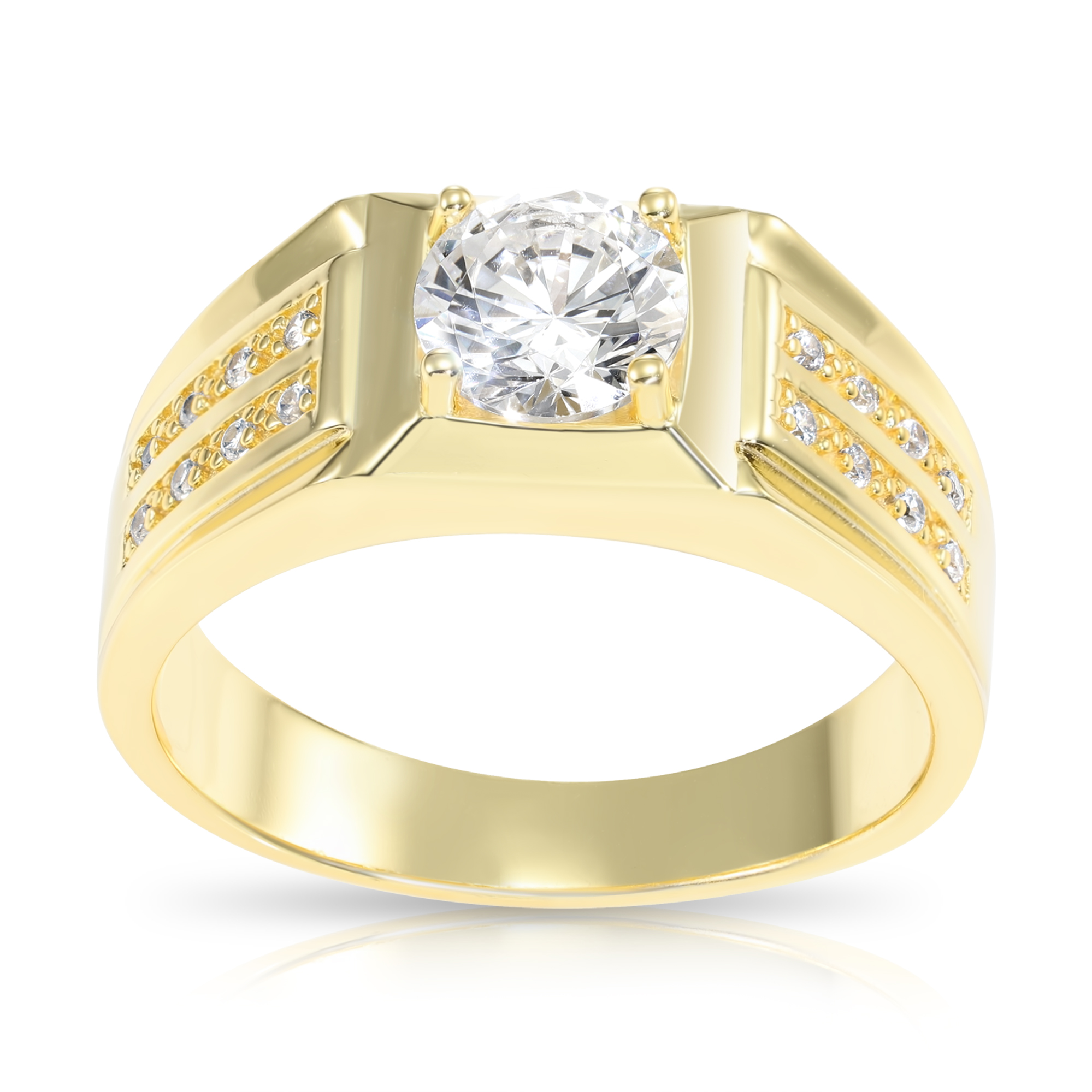 thumbnail video image 2 of Tilo Jewelry Yellow Gold Plated 925 Sterling Silver Solitaire Round Pave Band, Statement Pinky Ring | Size 11 | Classic Engagement, Wedding Ring for Men, 2 of 6