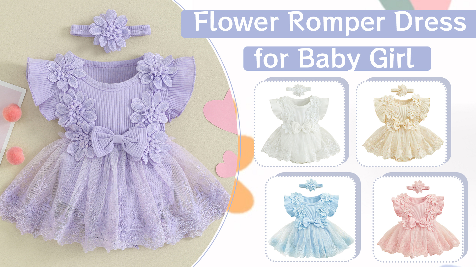 thumbnail video image 2 of Happy Cherry Newborn Summer Romper Dress Baby Girl Mesh Bodysuit Infant Tutu Dress Sleeveless Flowers Lace Cotton Jumpsuits with Headband 6-12 Months, 2 of 7