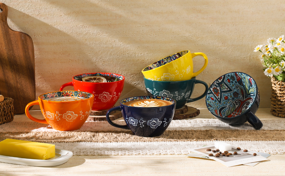 thumbnail video image 2 of 6 Piece Coffee Cup Set, Handmade Ceramic for Home Decor, Boho Mug for Latte, Tea, Cappuccino, Cocoa, Microwave & Dishwasher Safe, 2 of 11