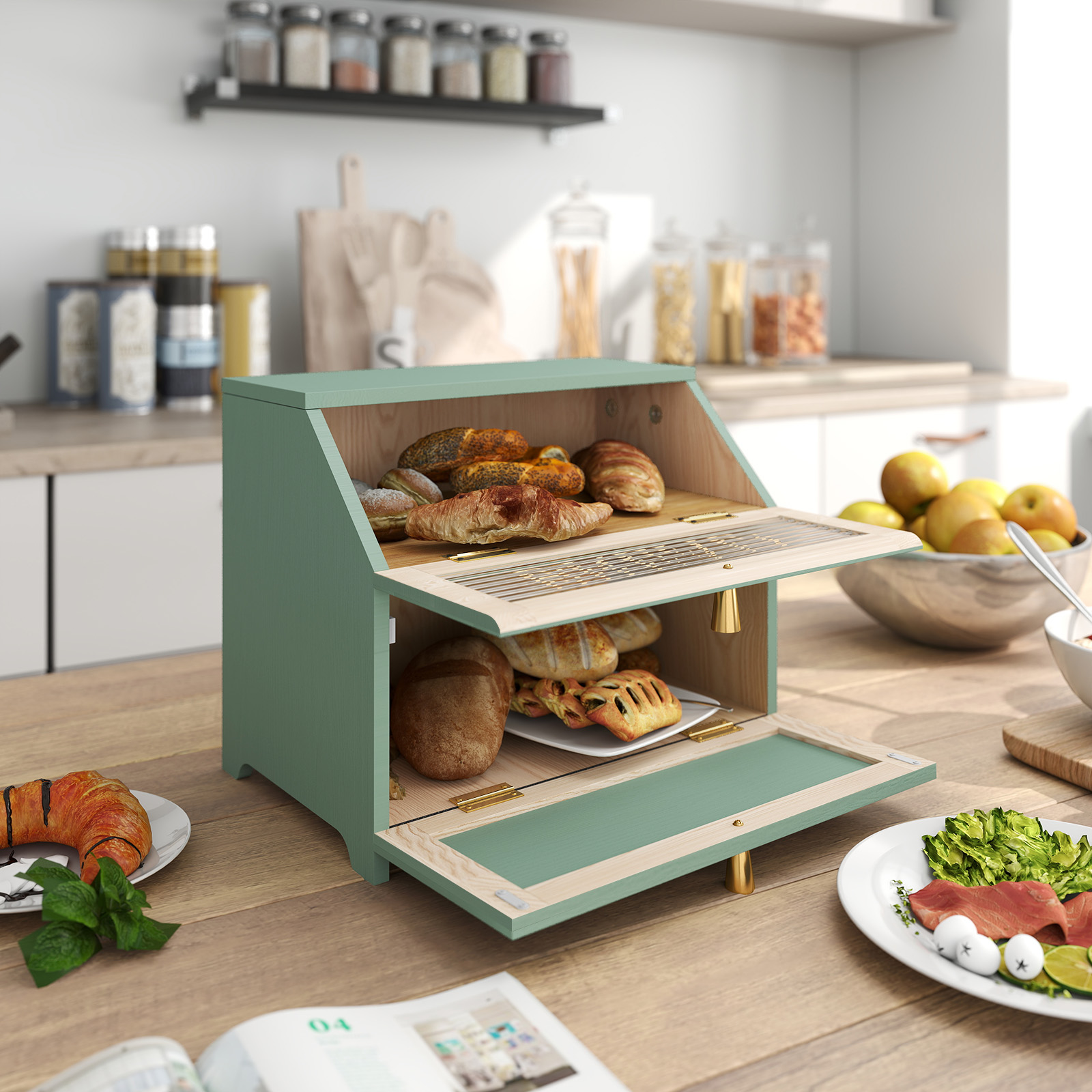 thumbnail video image 2 of HLR Large Bread Box, Wood 2-layer Bread Box Storage for Kitchen Counter, with Bar Pattern Windows, White, 2 of 7